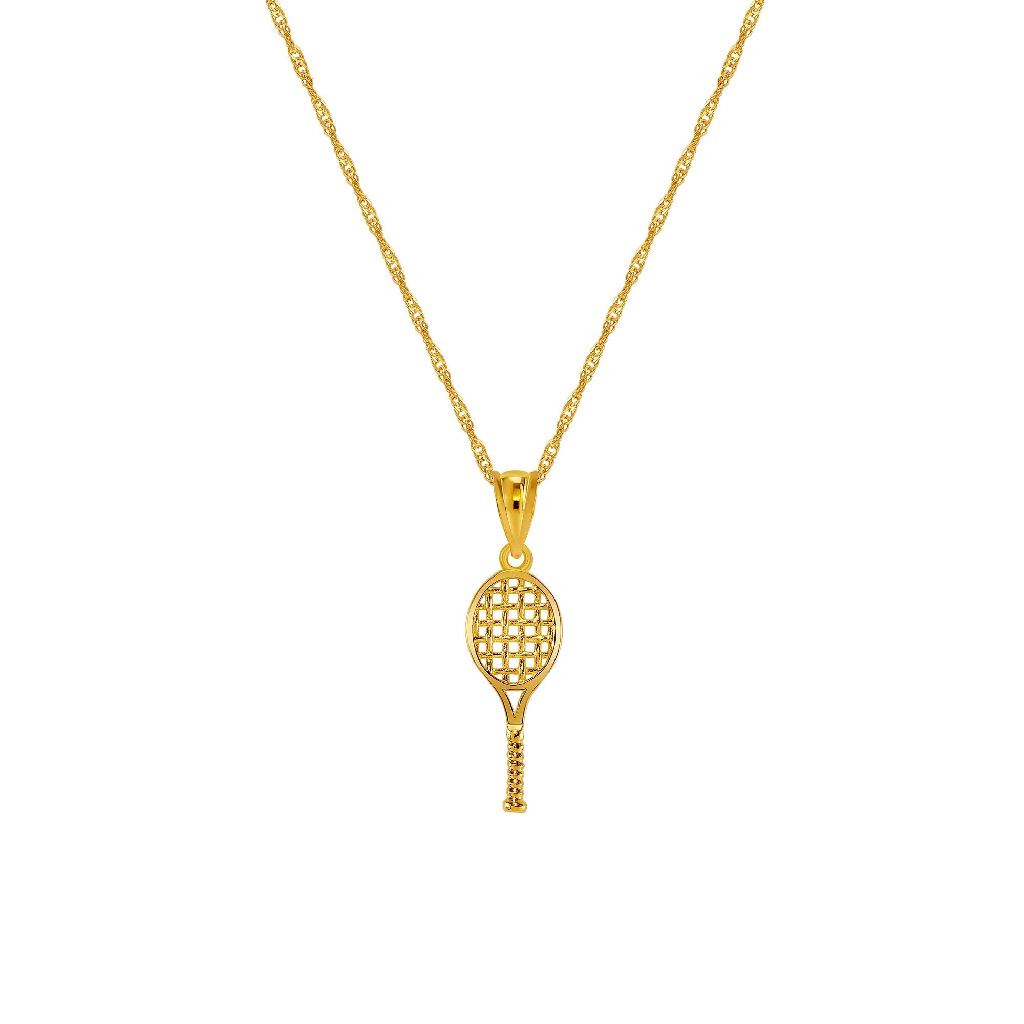 14k solid gold tennis racket pendant on 18" solid gold chain