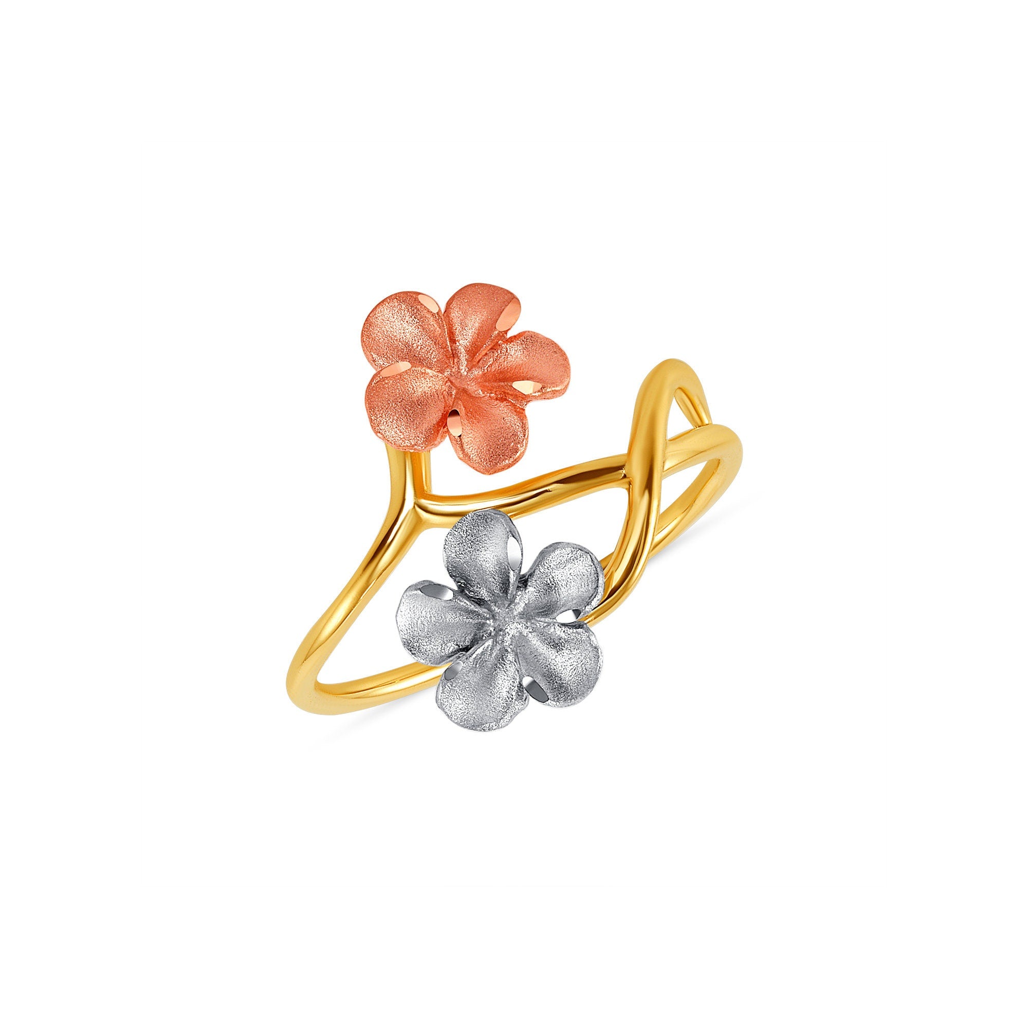 14k solid gold tricolor plumeria flower ring