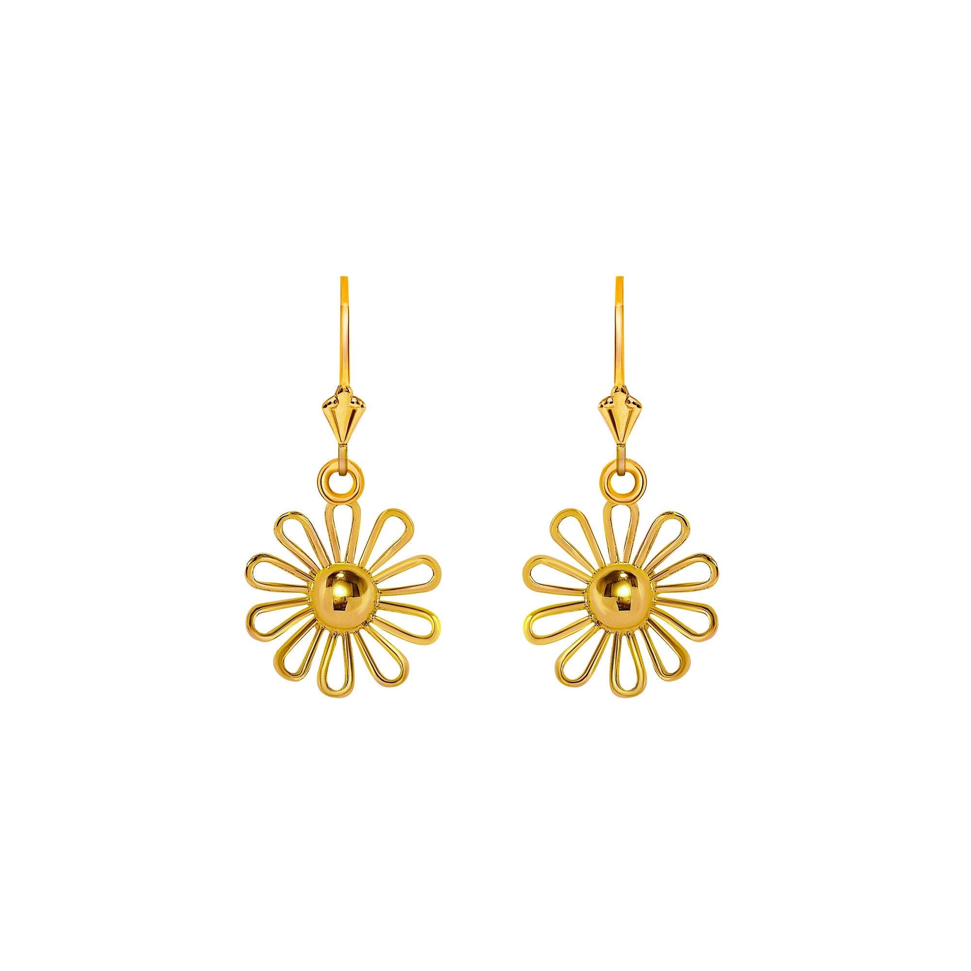 14k solid gold Daisy Flower earrings on fleur de lis leverbacks