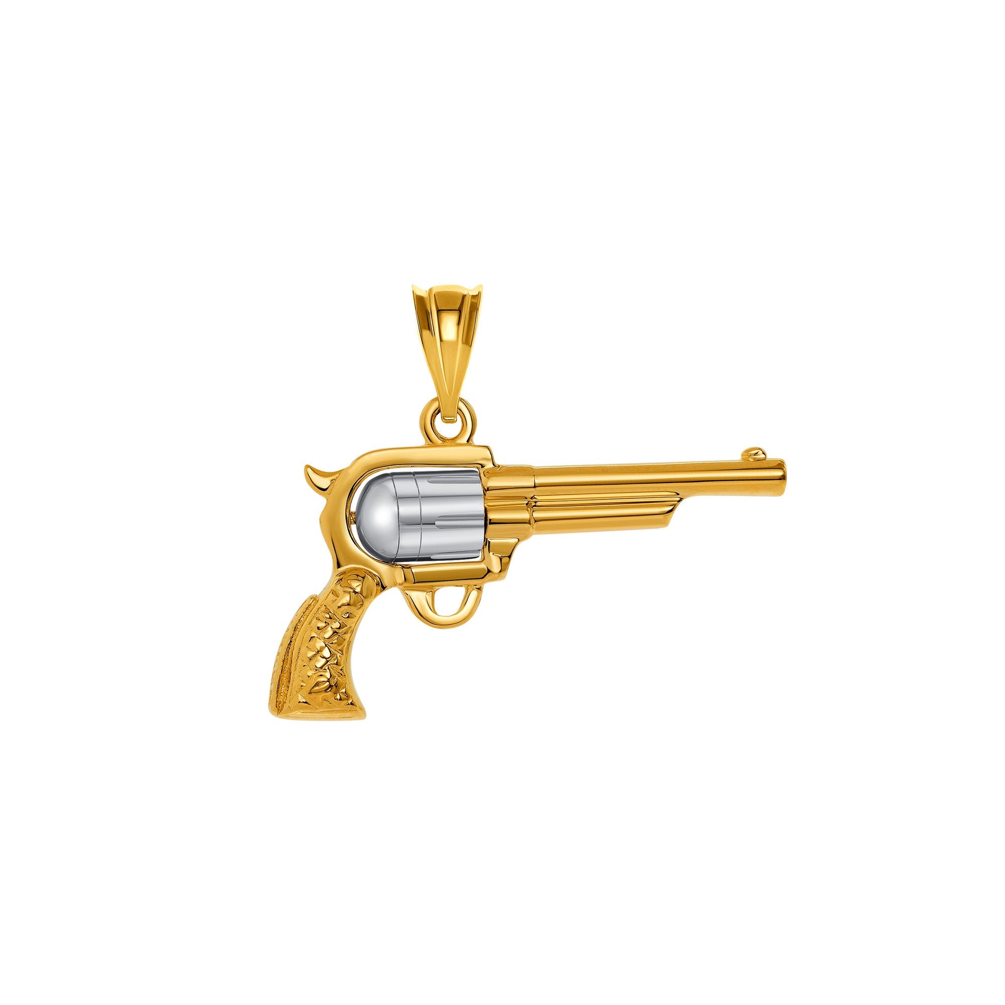 14k solid gold two tone 3 Dimensional pistol pendant, Revolver with spinning barrel