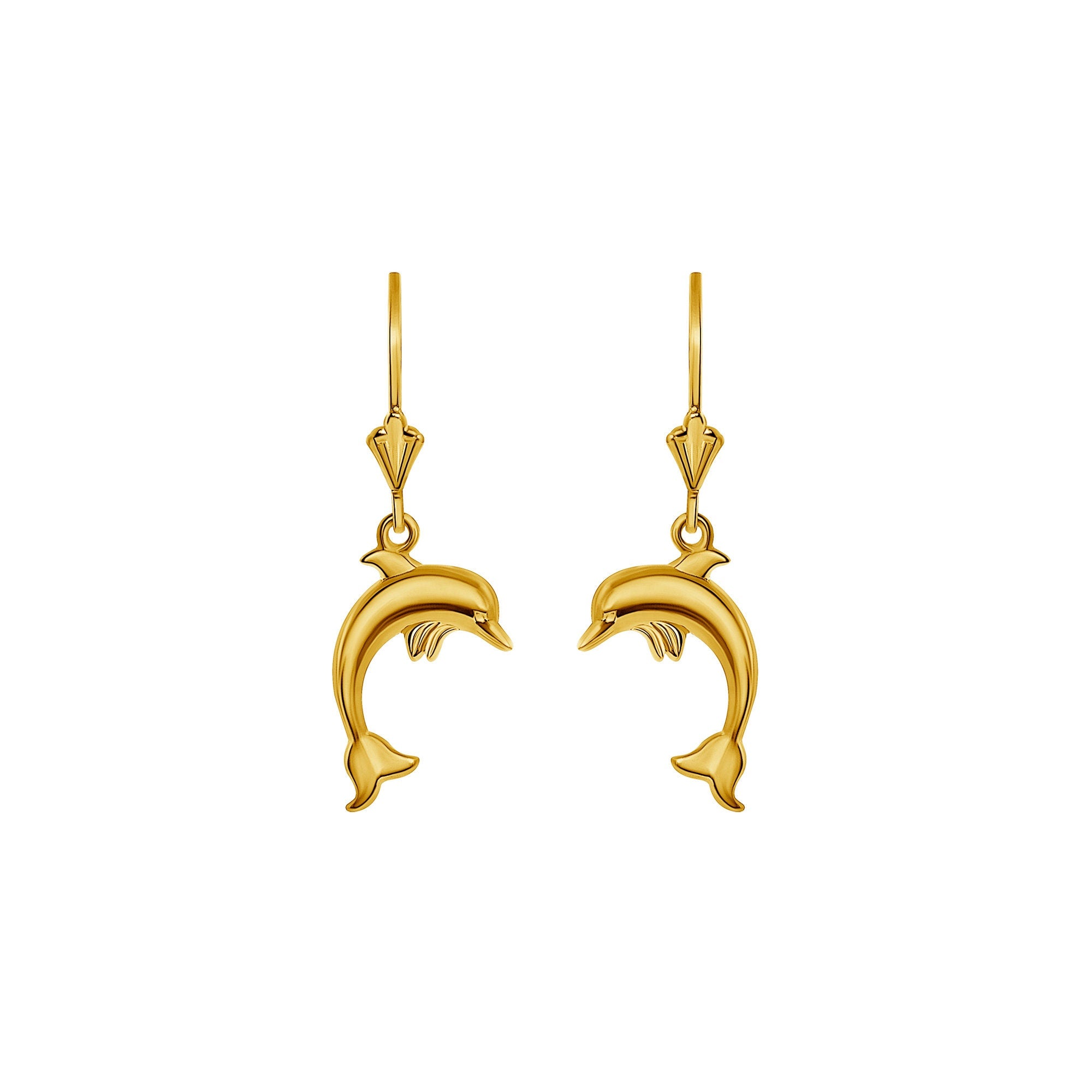 14k solid gold Dolphin Lever Back Drop Earrings
