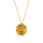 14k solid gold enameled clover pot of gold pendant with 18" solid gold chain