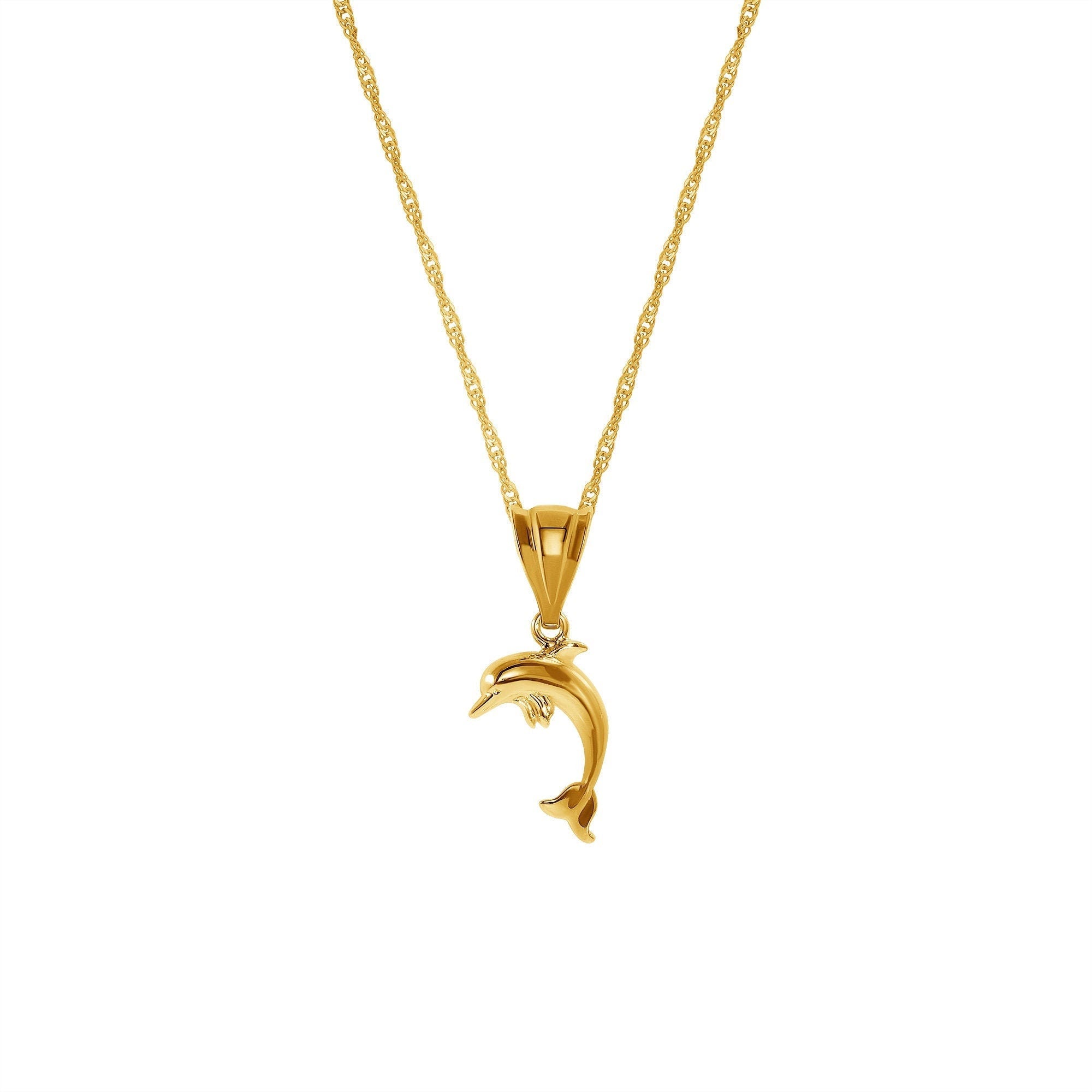 14k solid gold dolphin pendant on 18" solid gold chain