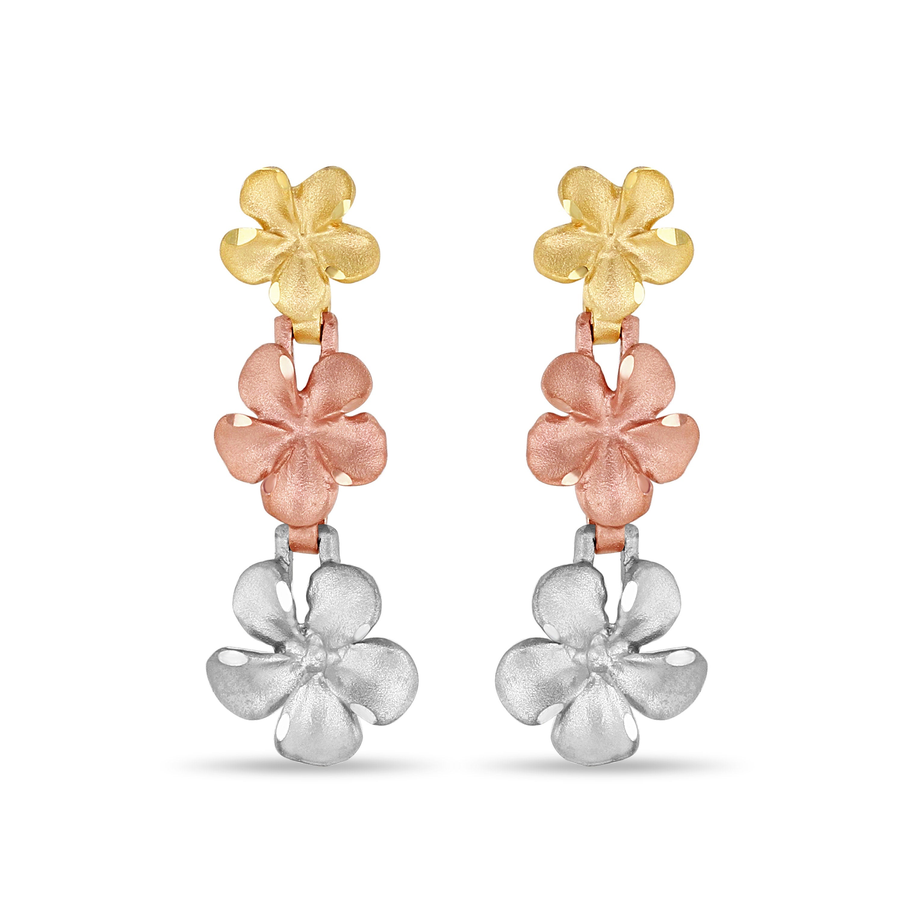 14k Solid Gold Tri Color Plumeria Earrings