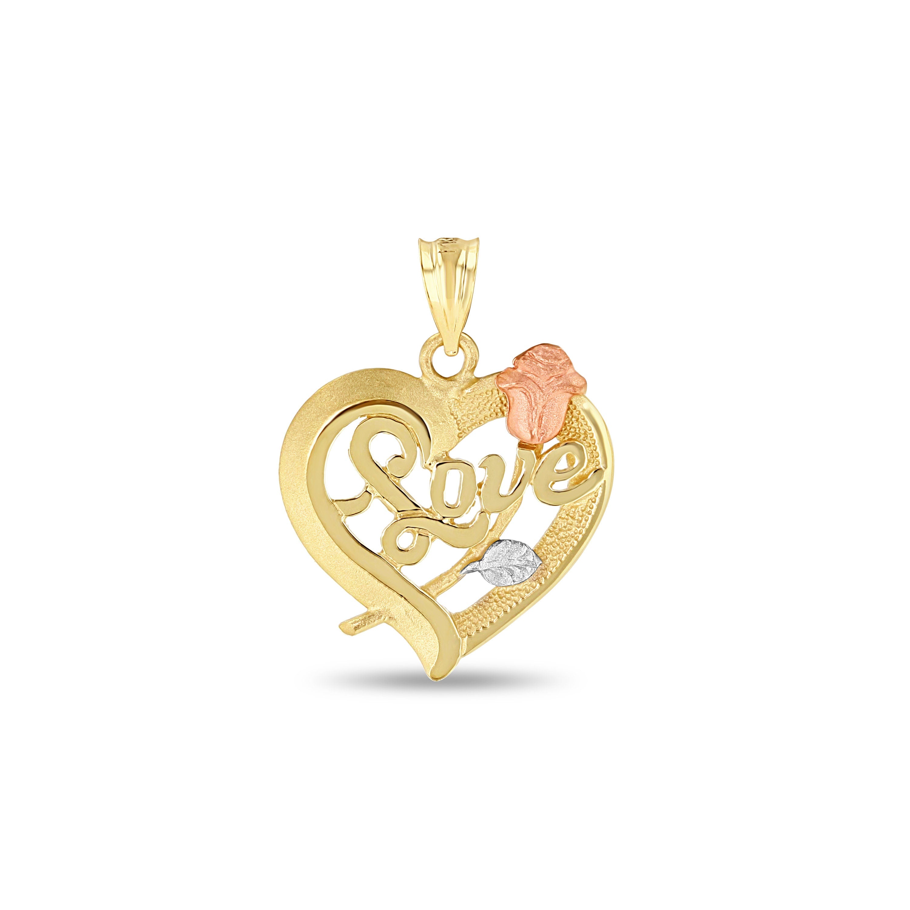 14k solid gold tricolor Love Heart with Rose pendant