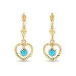 14k solid gold heart earrings on fleur de lis lever backs with genuine turquoise stone
