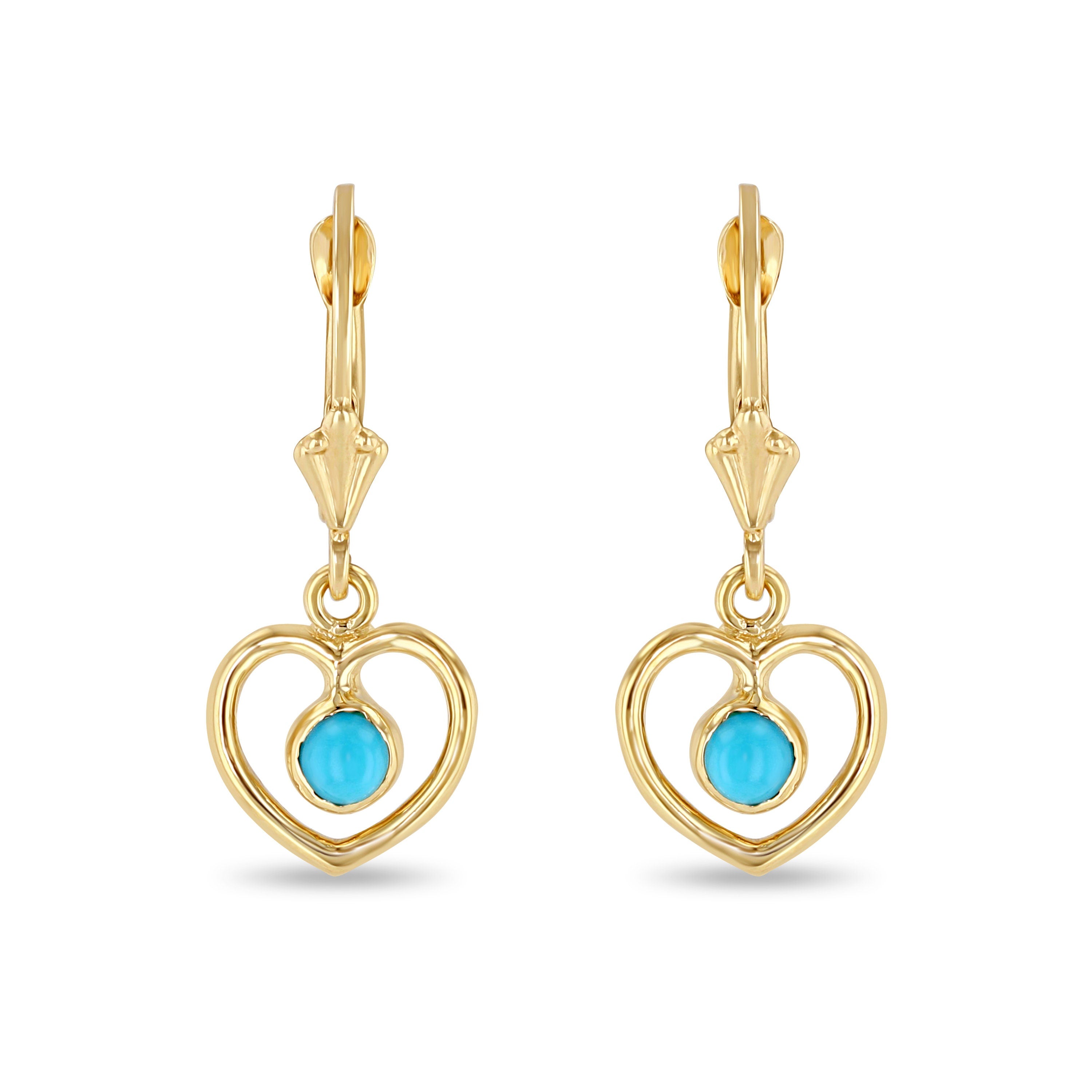 14k solid gold heart earrings on fleur de lis lever backs with genuine turquoise stone