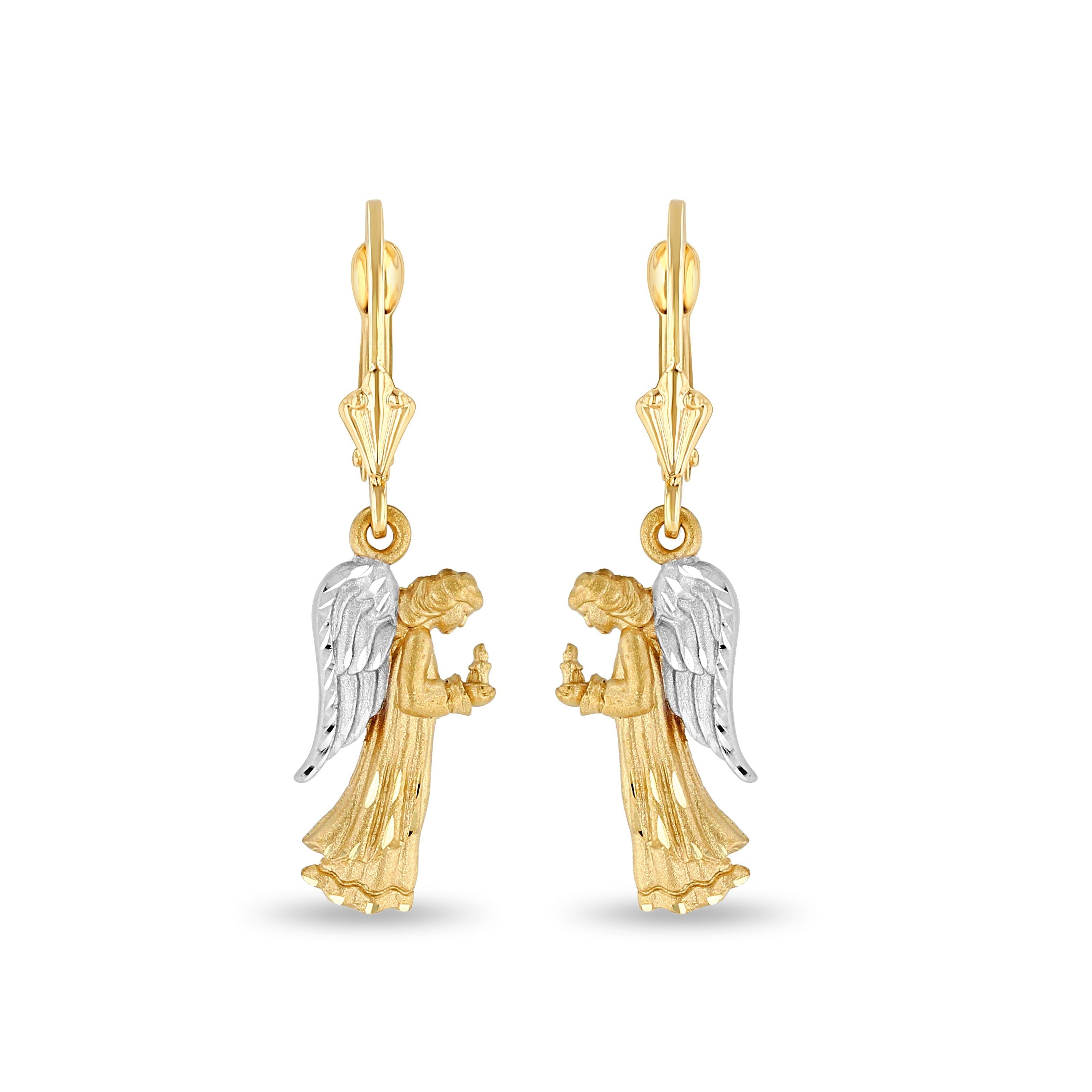 14k solid gold two tone angel holding candle lever back drop earrings