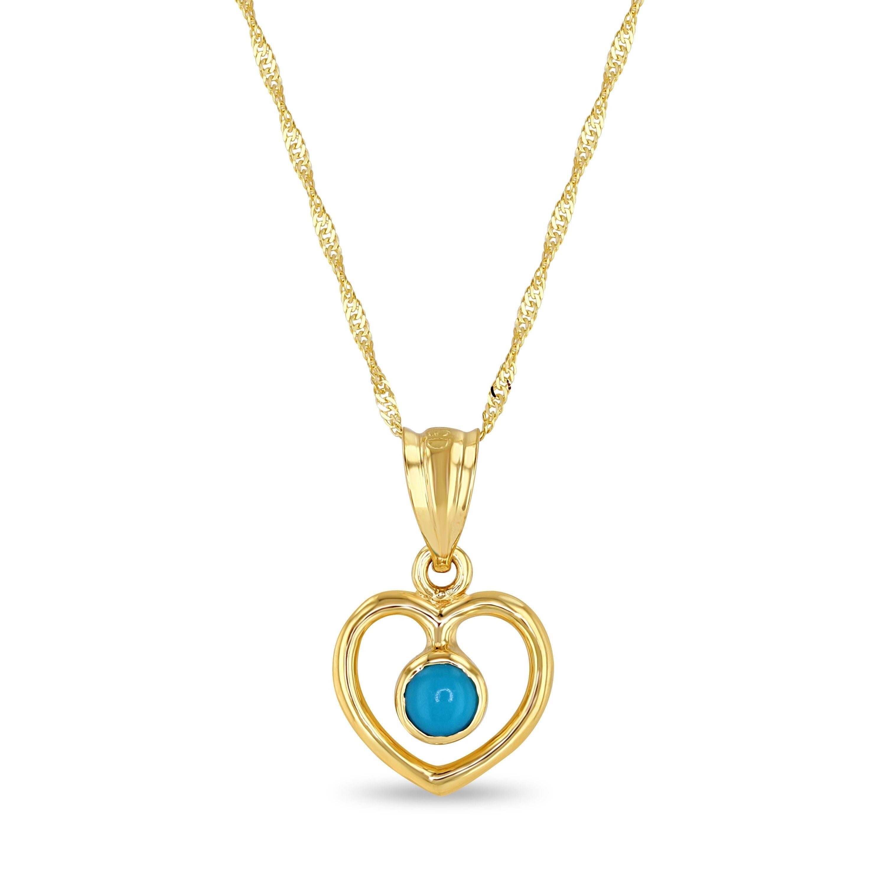 14k solid gold heart pendant on 18" chain with genuine turquoise stone