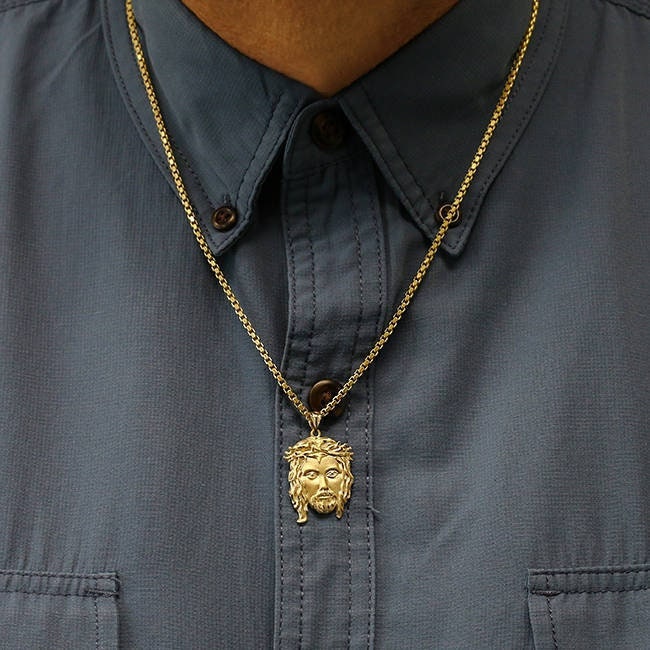 14k solid gold jesus head pendant on a 24" solid gold round box chain