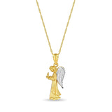 14k solid gold two tone angel holding candle pendant on 18" solid gold chain