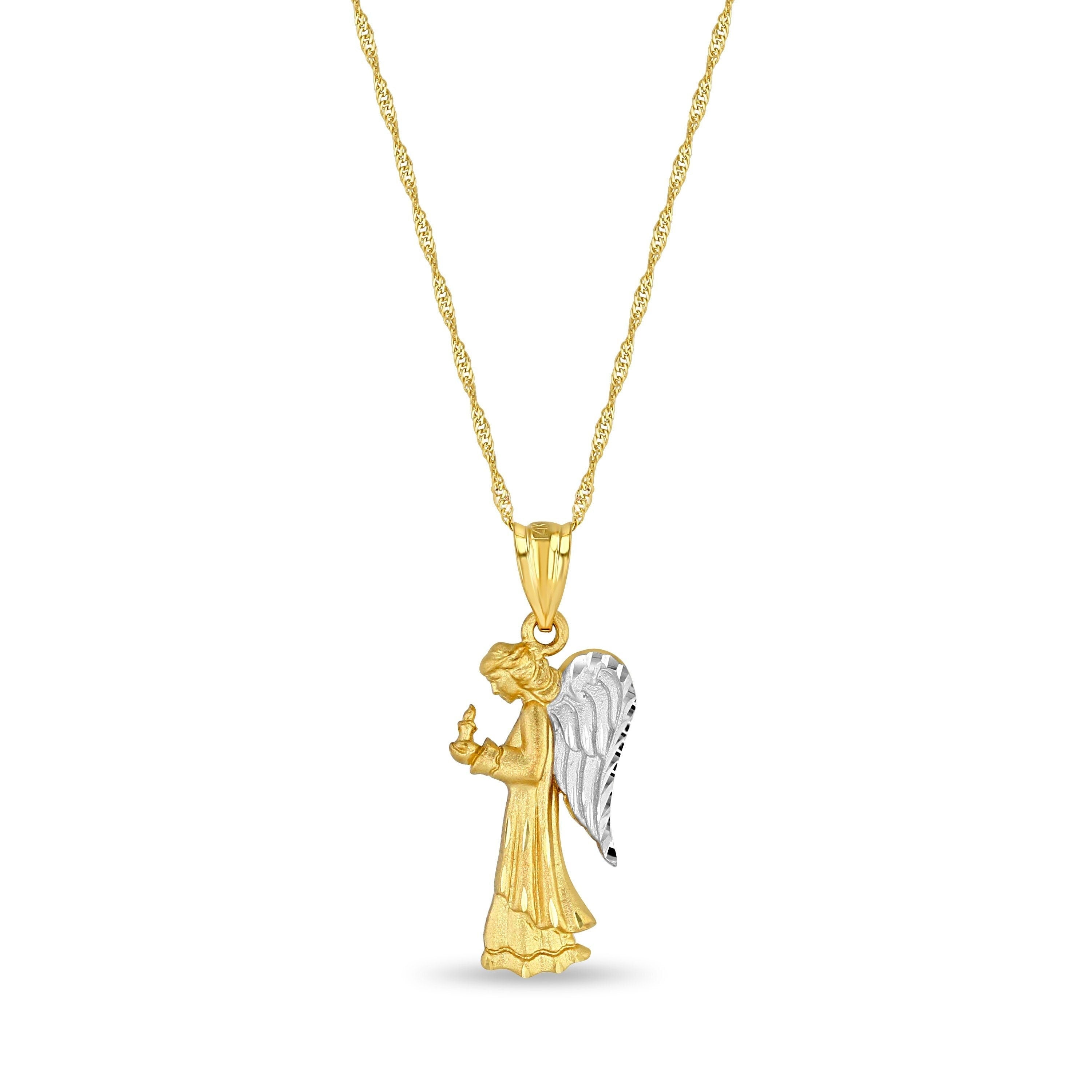14k solid gold two tone angel holding candle pendant on 18" solid gold chain