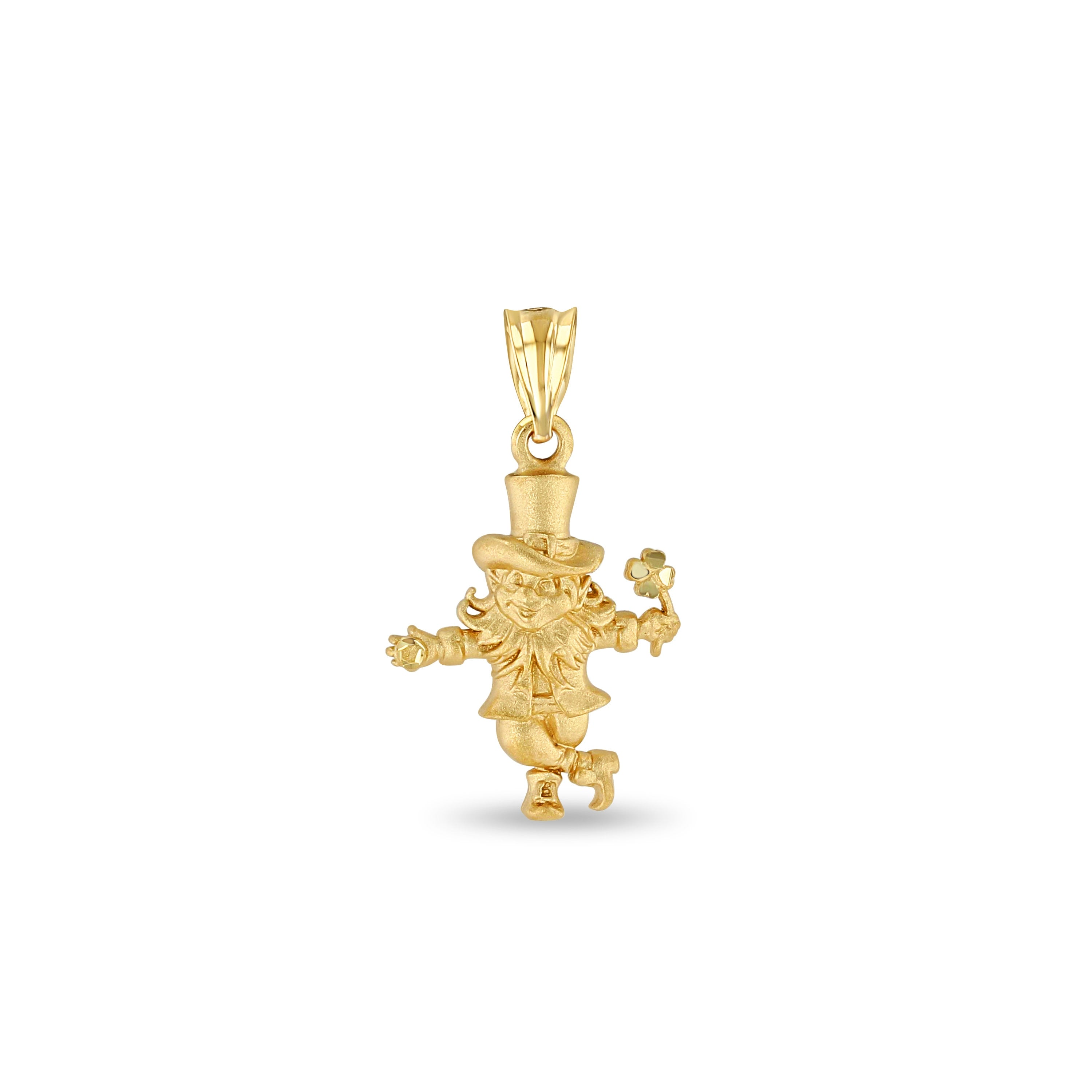 14k solid gold Leprechaun pendant holding clover