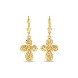 14k solid gold cross earrings on fleur de lis lever backs