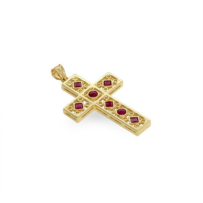 14k solid gold genuine ruby cross pendant