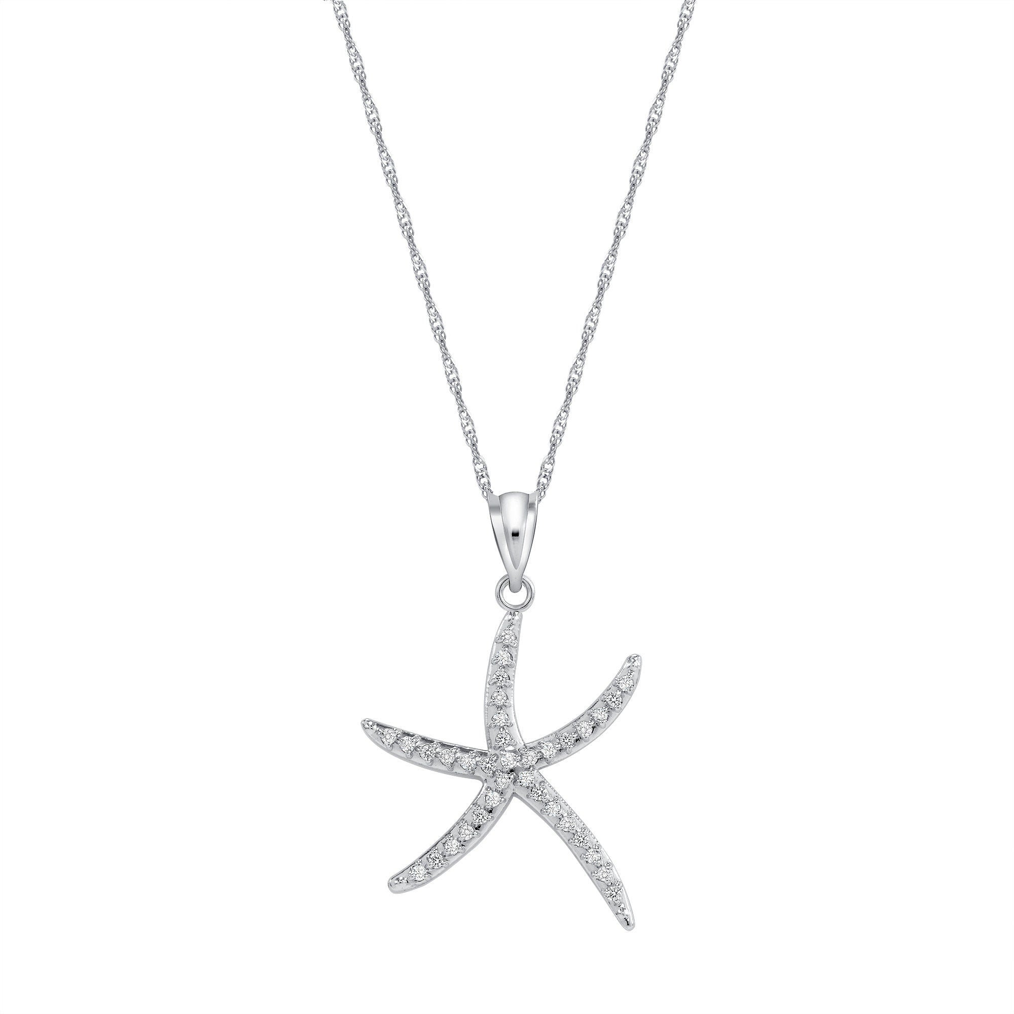 14k solid white gold diamond starfish pendant on 18" solid gold chain