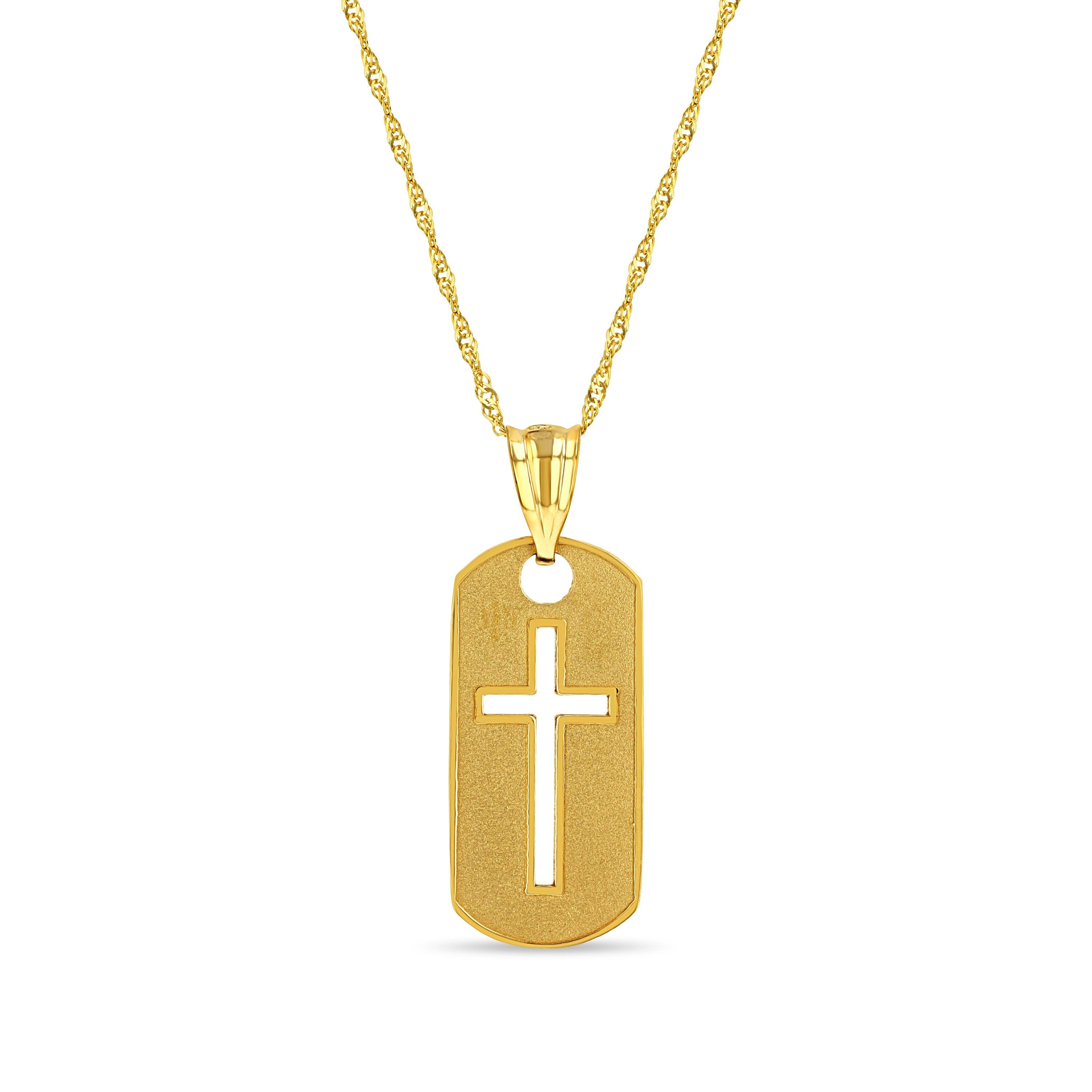 14K Solid Gold Dog Tag Cross pendant on 18" solid gold chain