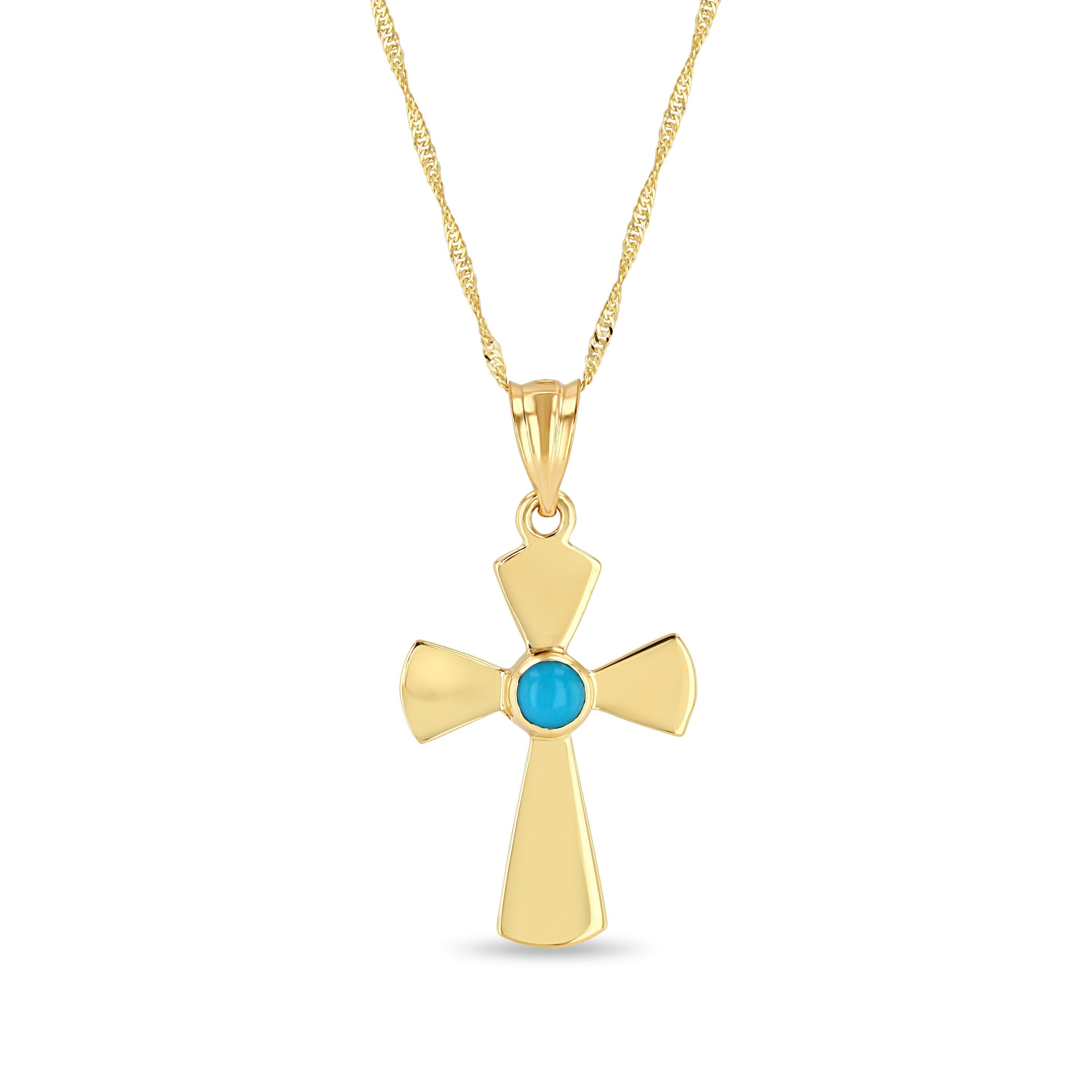 14k solid gold cross necklace with genuine turquoise stone