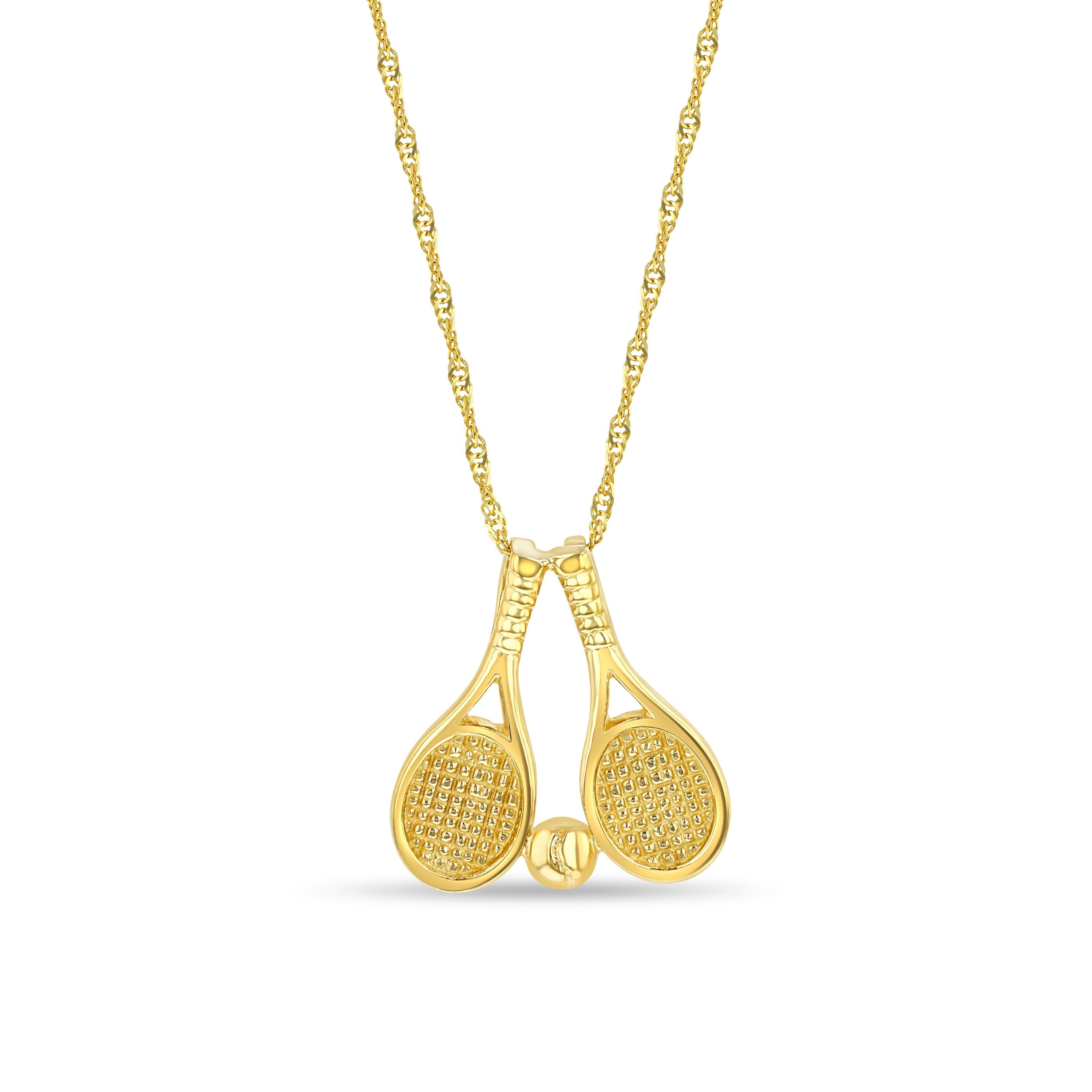 14k solid gold Tennis rackets with tennis ball pendant on 18" solid gold chain