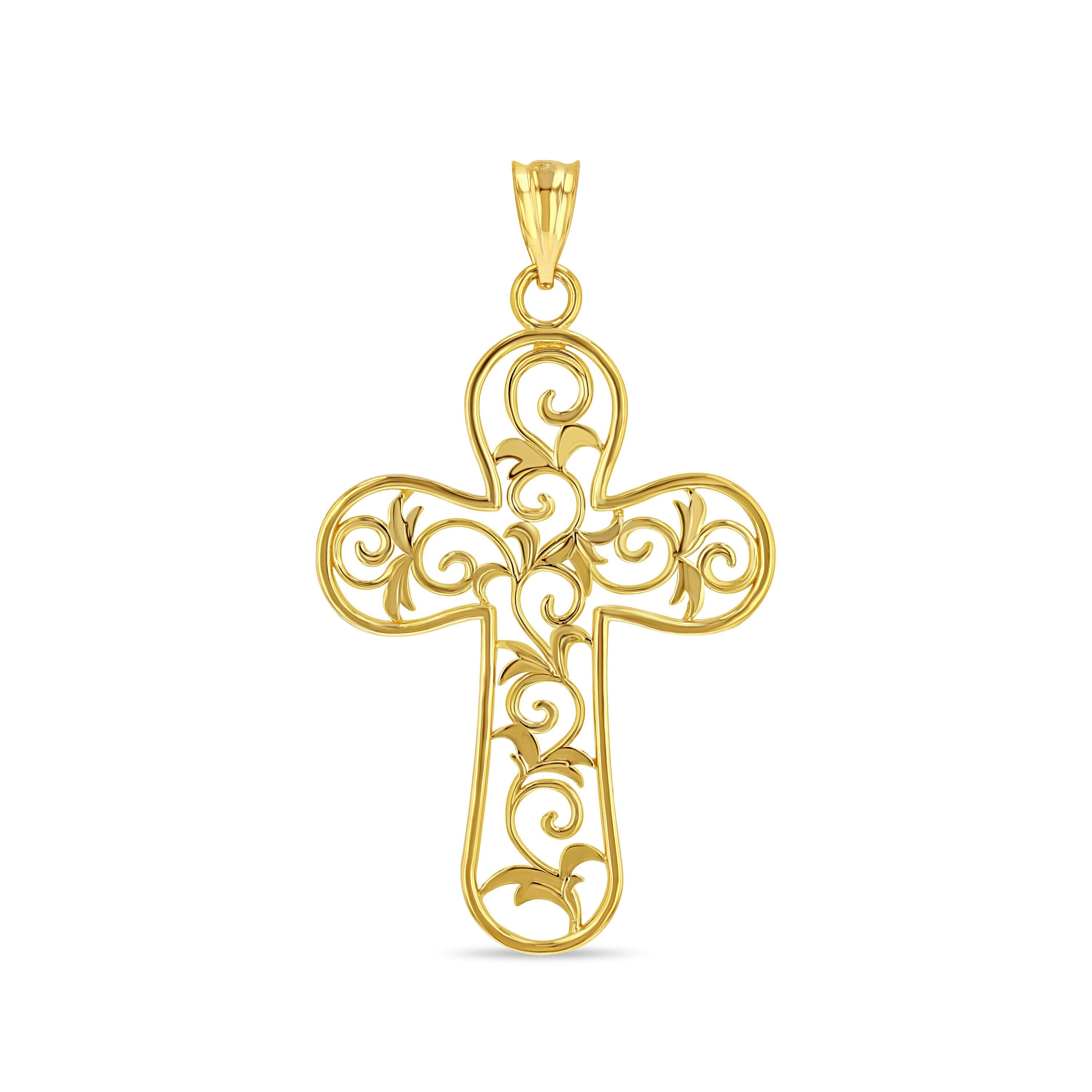 14k solid gold cross pendant with swirls design