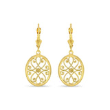 14k solid gold oval filigree earrings on fleur de lis lever backs. Drop earrings