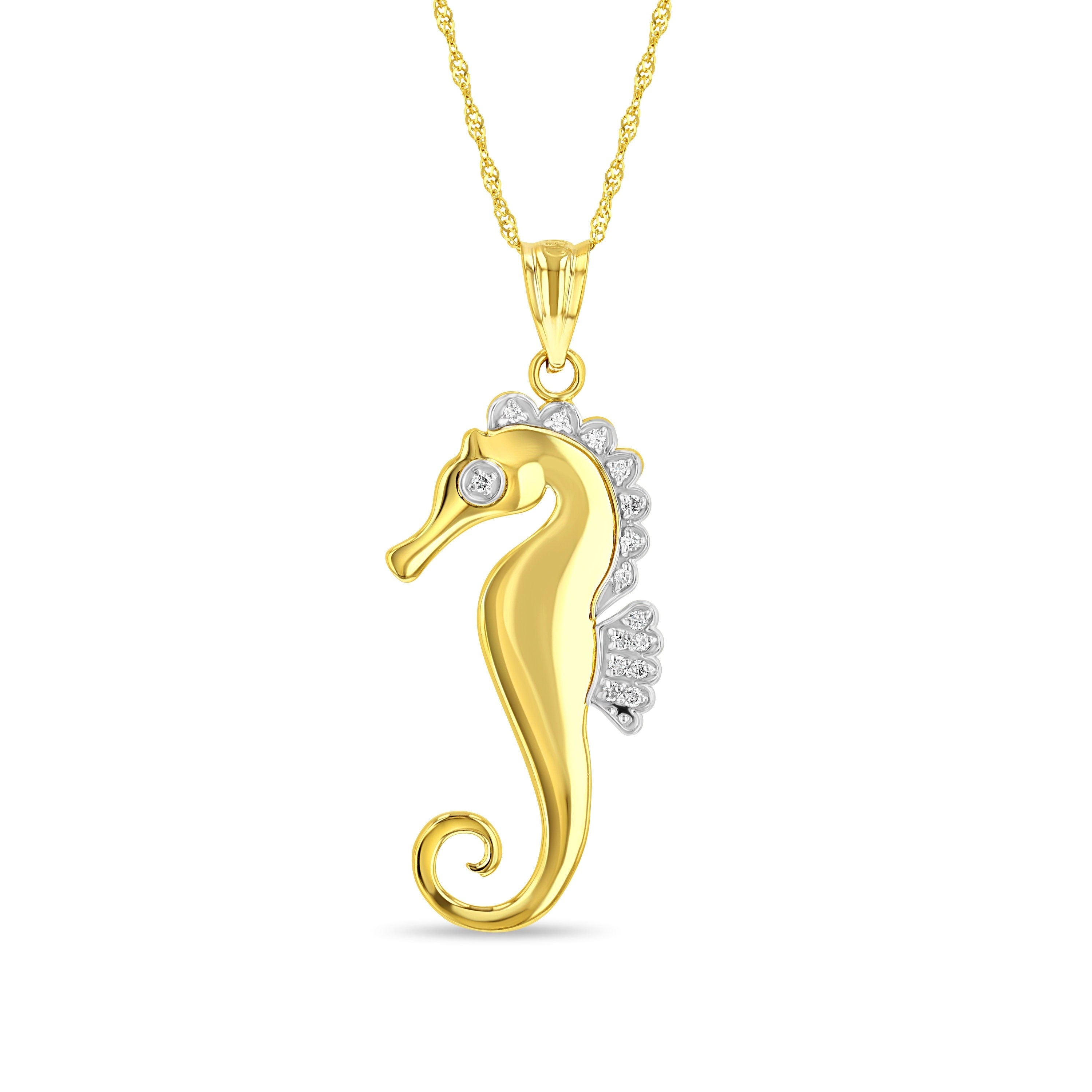 14k solid gold two tone diamond sea horse pendant on 18" solid gold chain
