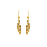 14k solid gold Angel Wings earrings on fleur de lis lever backs