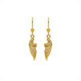 14k solid gold Angel Wings earrings on fleur de lis lever backs