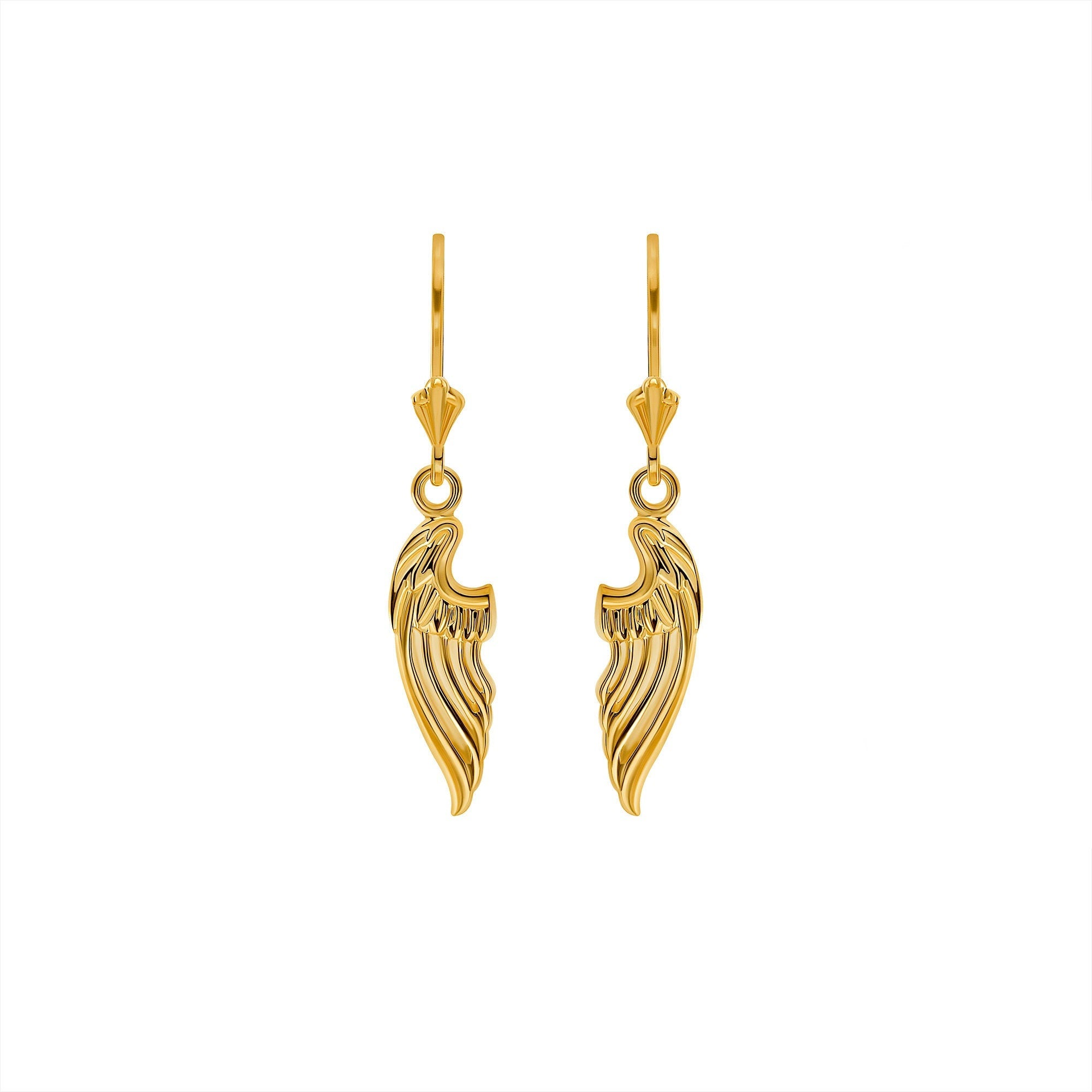 14k solid gold Angel Wings earrings on fleur de lis lever backs