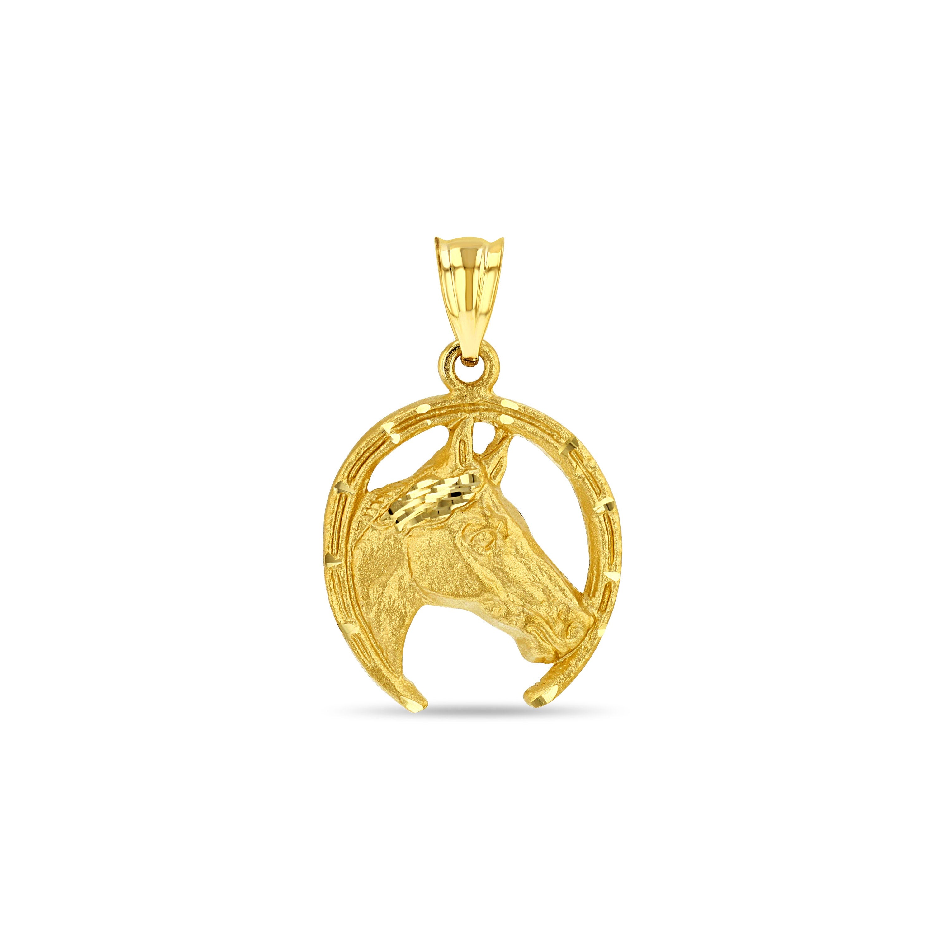 14k solid gold Horse head in horseshoe pendant. Good Luck pendant