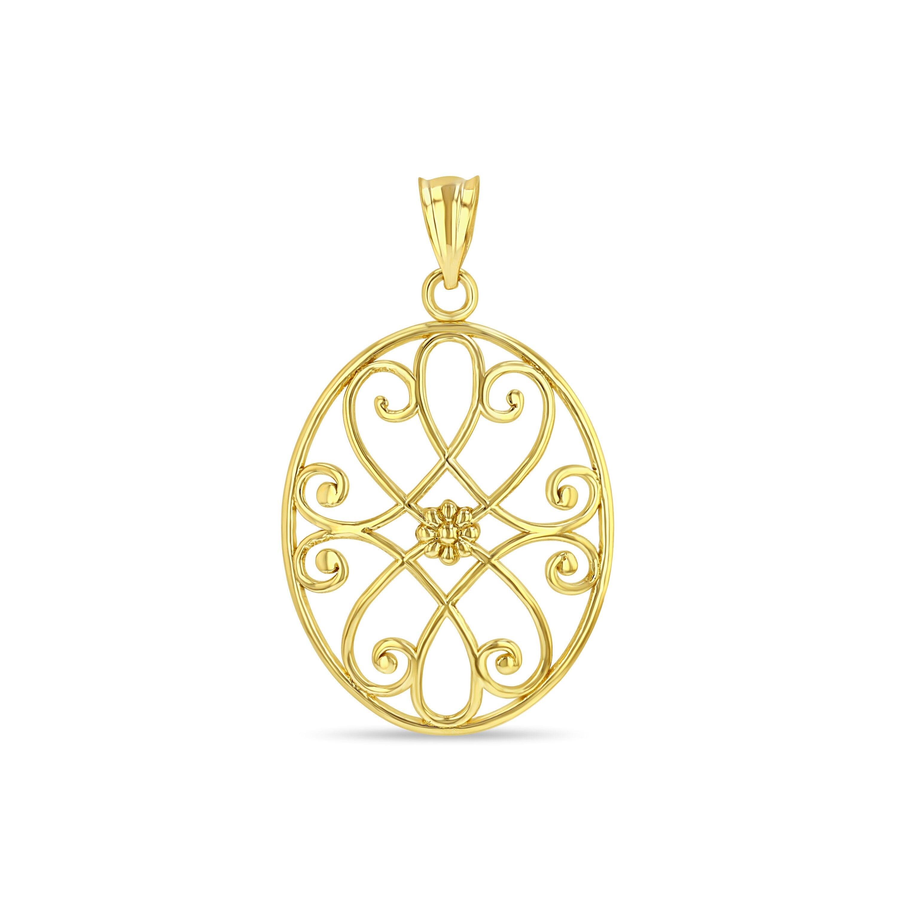 14k yellow gold filigree oval pendant