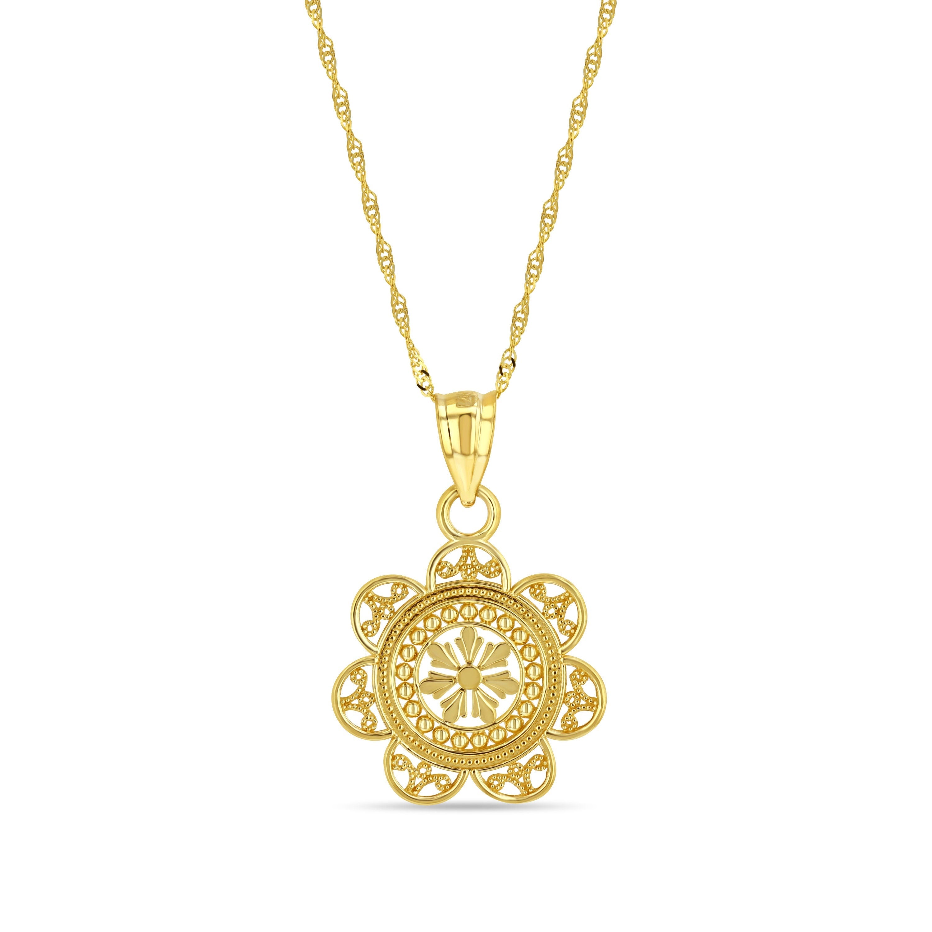 14k solid gold lace flower pendant on 18" solid gold chain