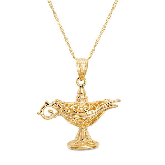 14k solid gold Genie Lamp pendant on 18" solid gold chain
