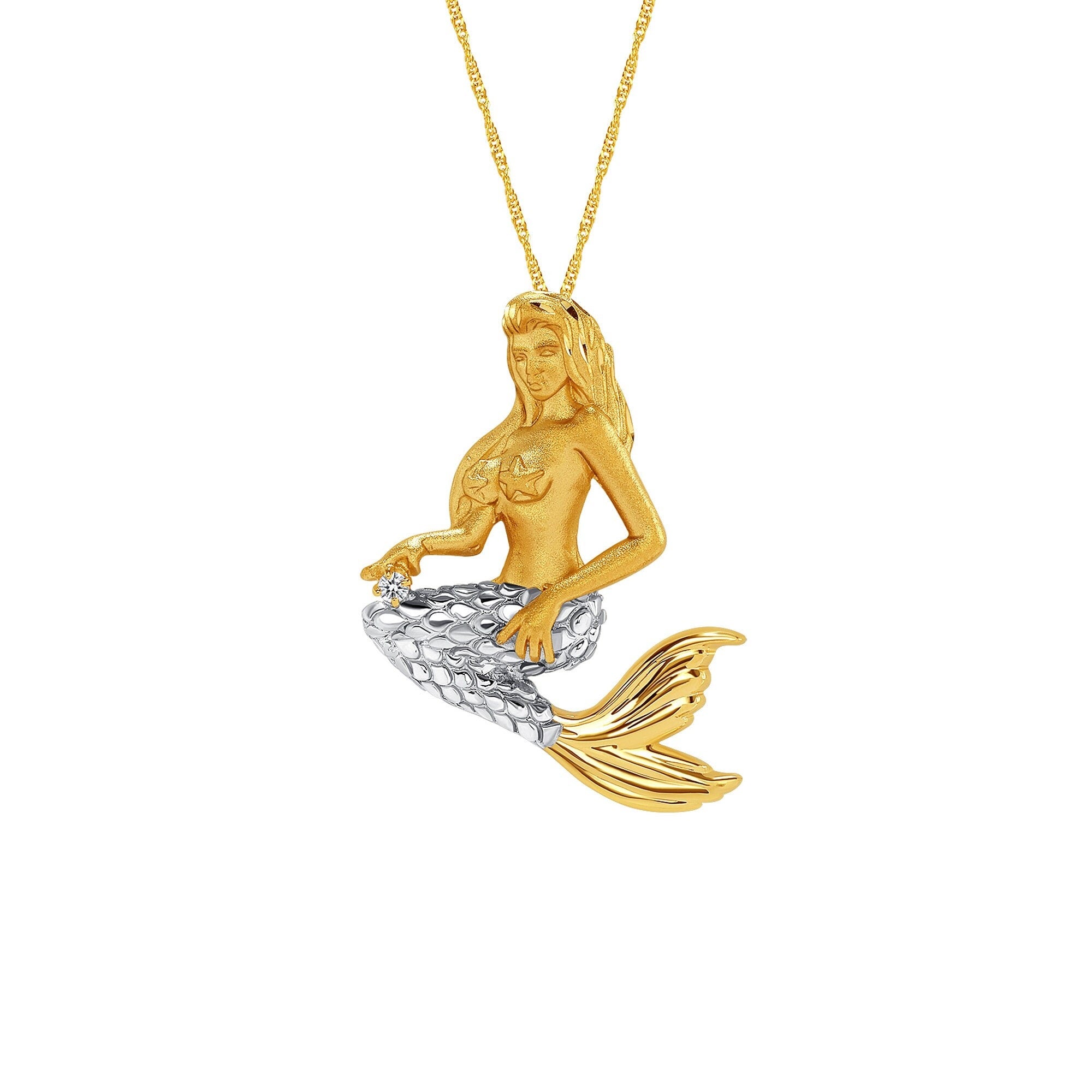 14k solid gold mermaid pendant with .03ct diamond on 18" gold chain