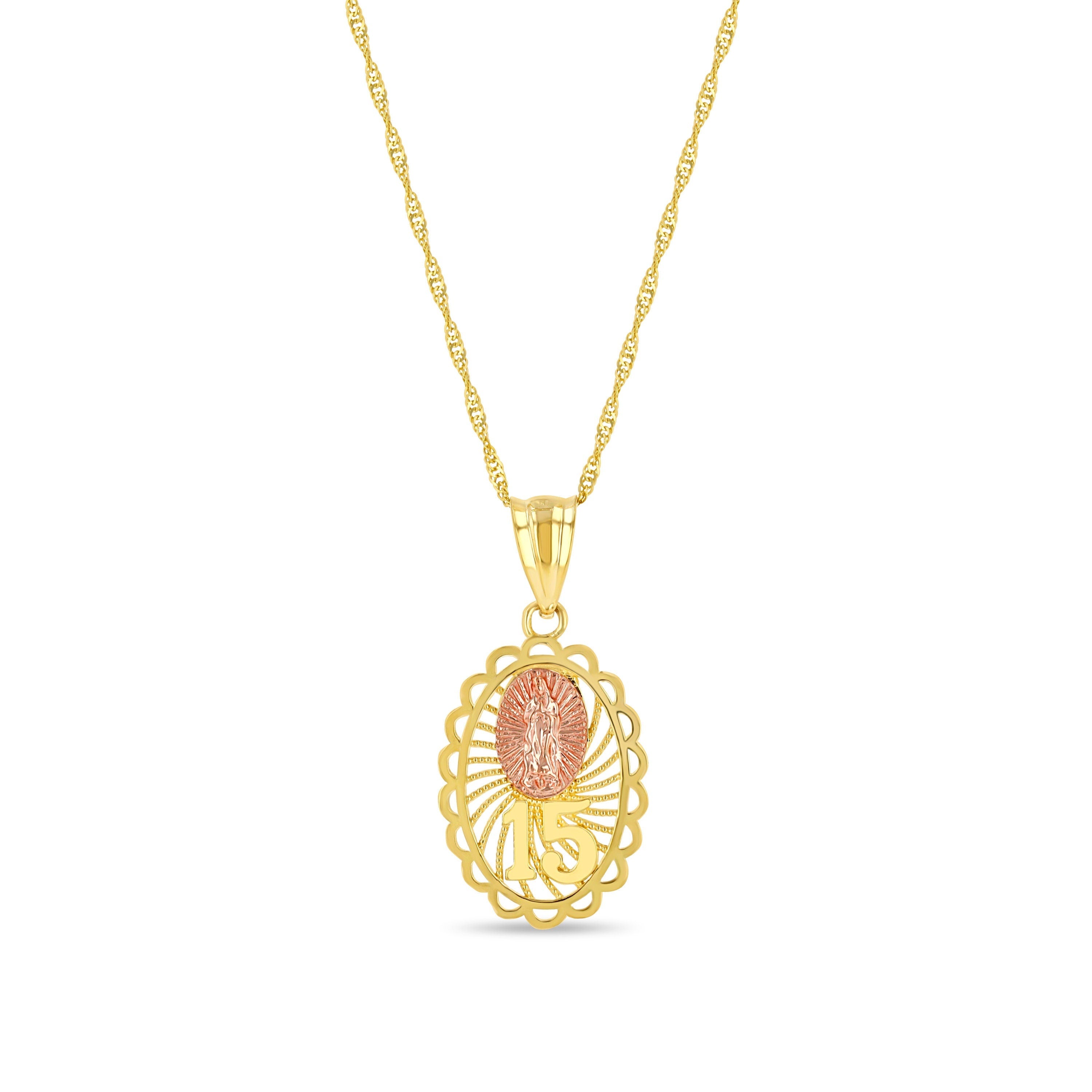 14k solid two tone Sweet 15 oval pendant on 18" solid gold chain