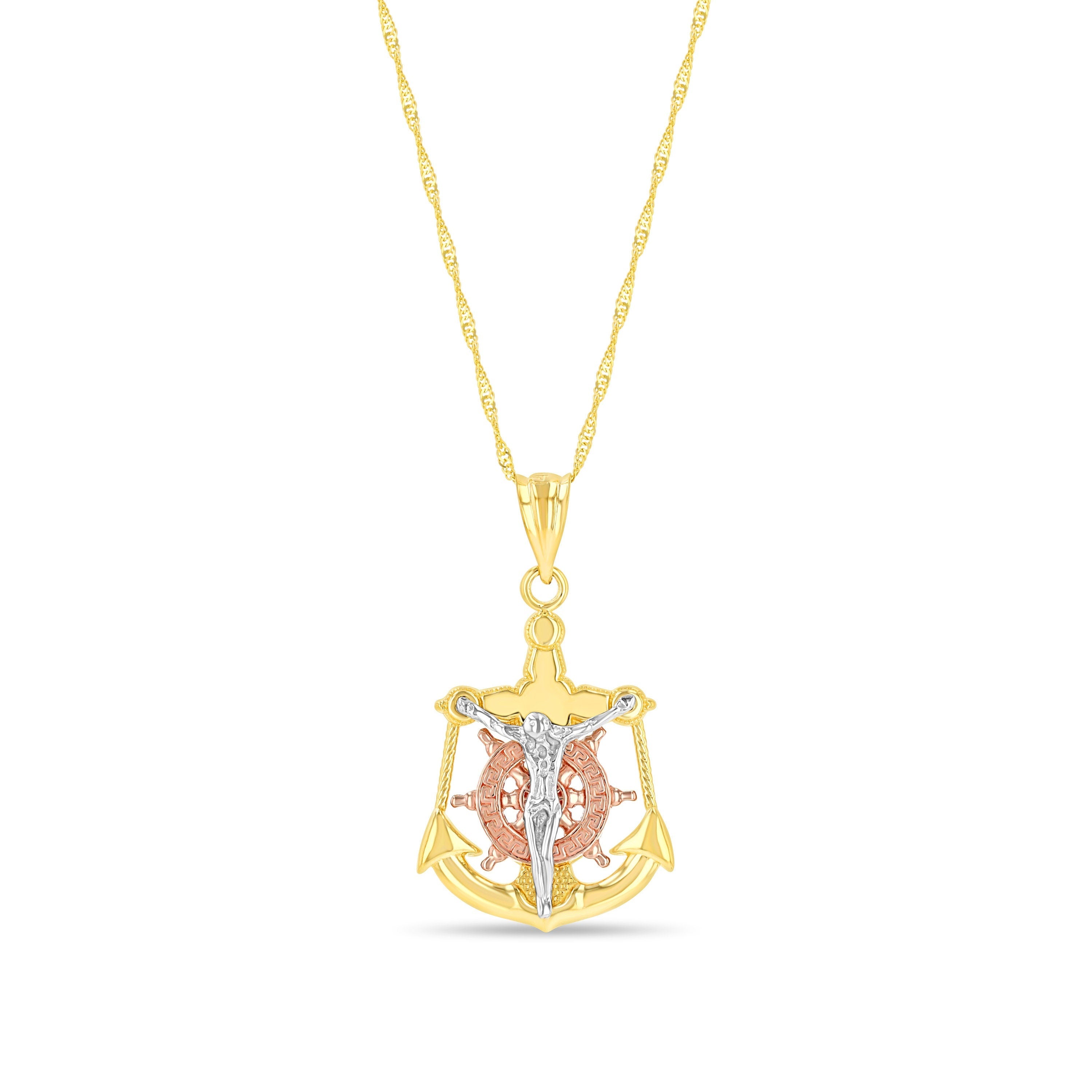 14k solid gold tri color mariner pendant on 18" solid gold chain