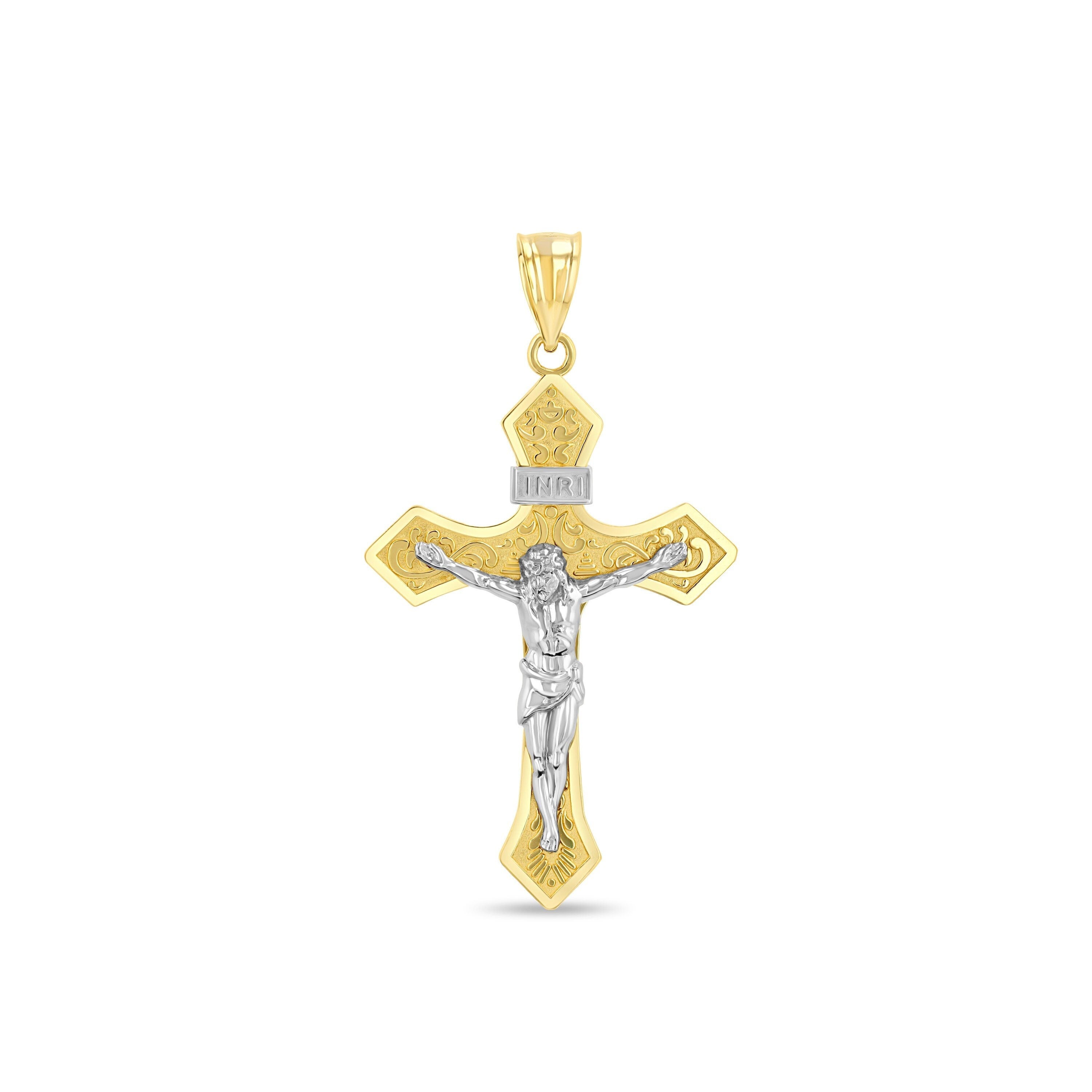 14k solid gold two tone crucifix pendant