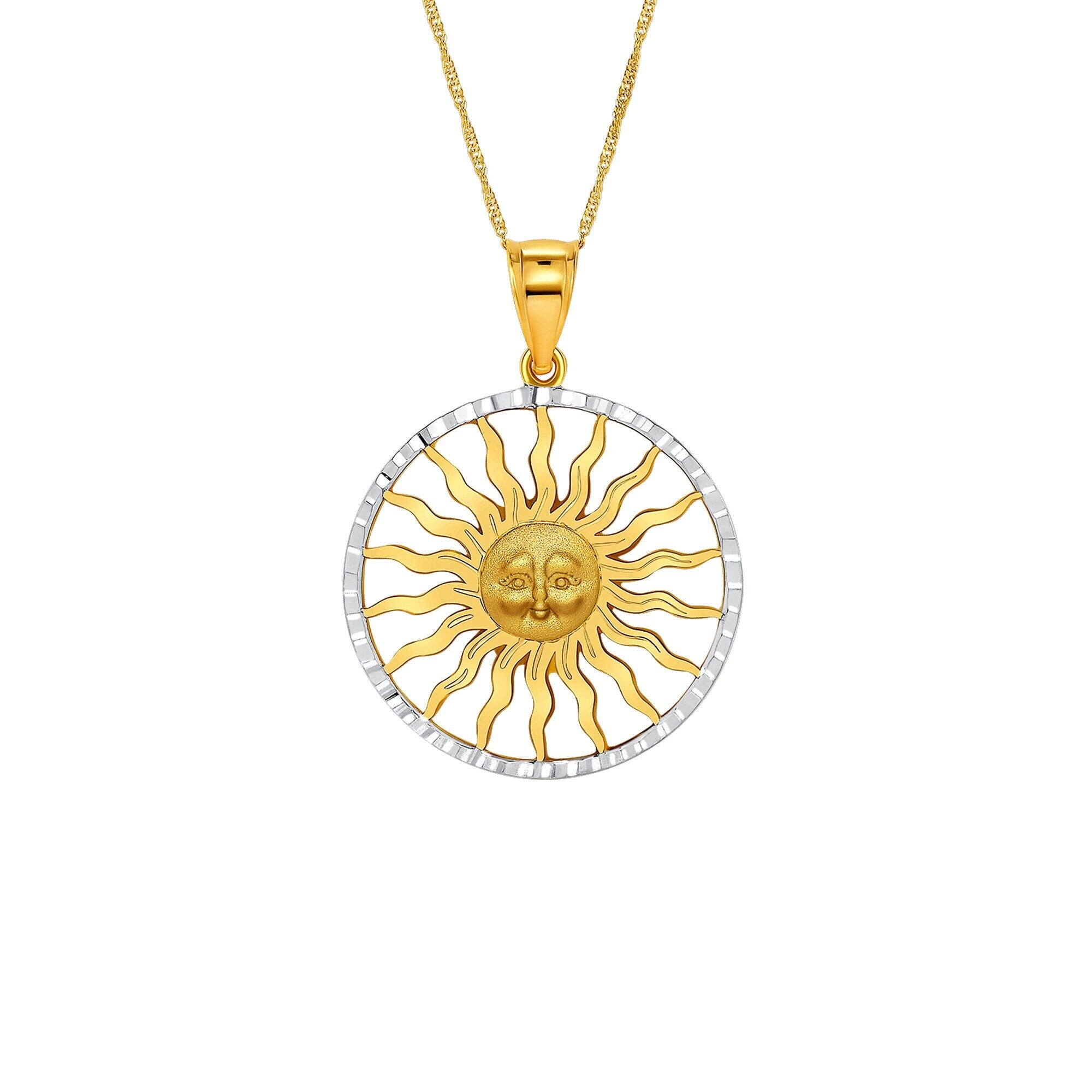 14k solid gold two tone Sun Pendant on 18" solid gold chain