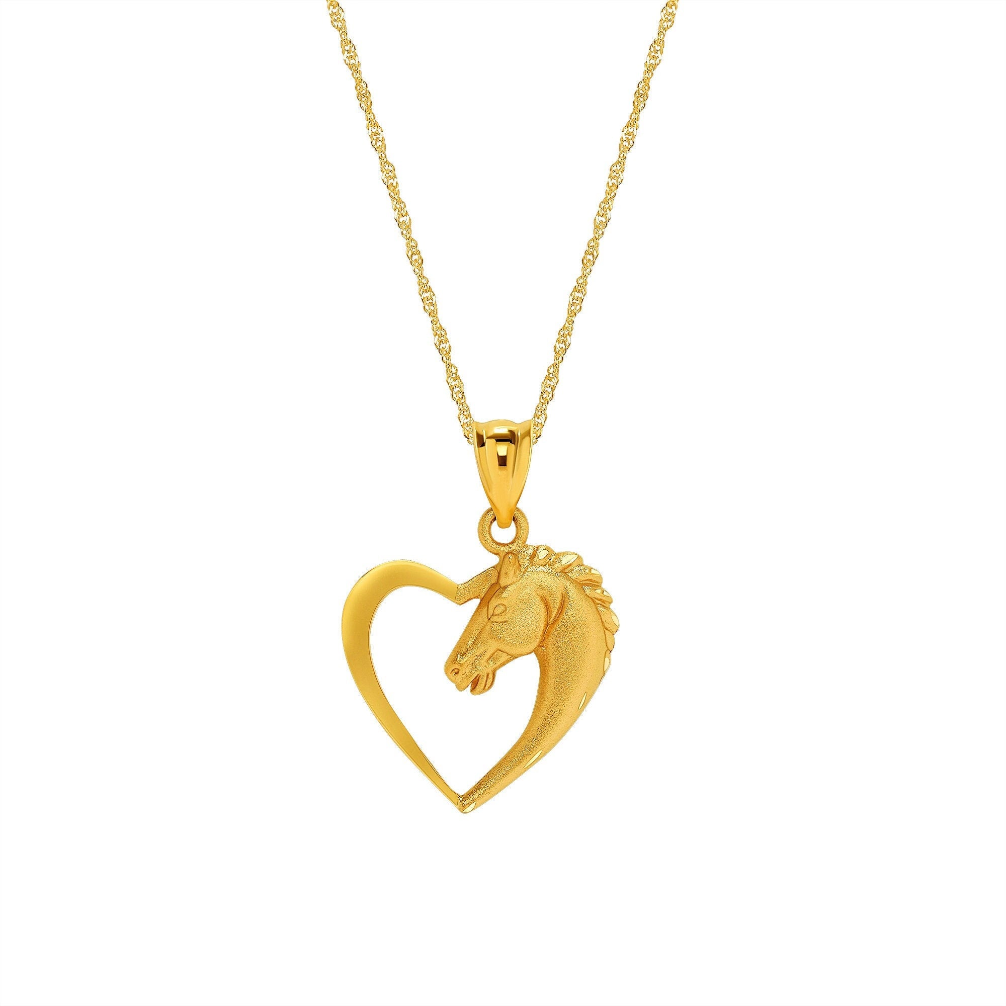 14k solid gold heart shape horse pendant on 18" chain