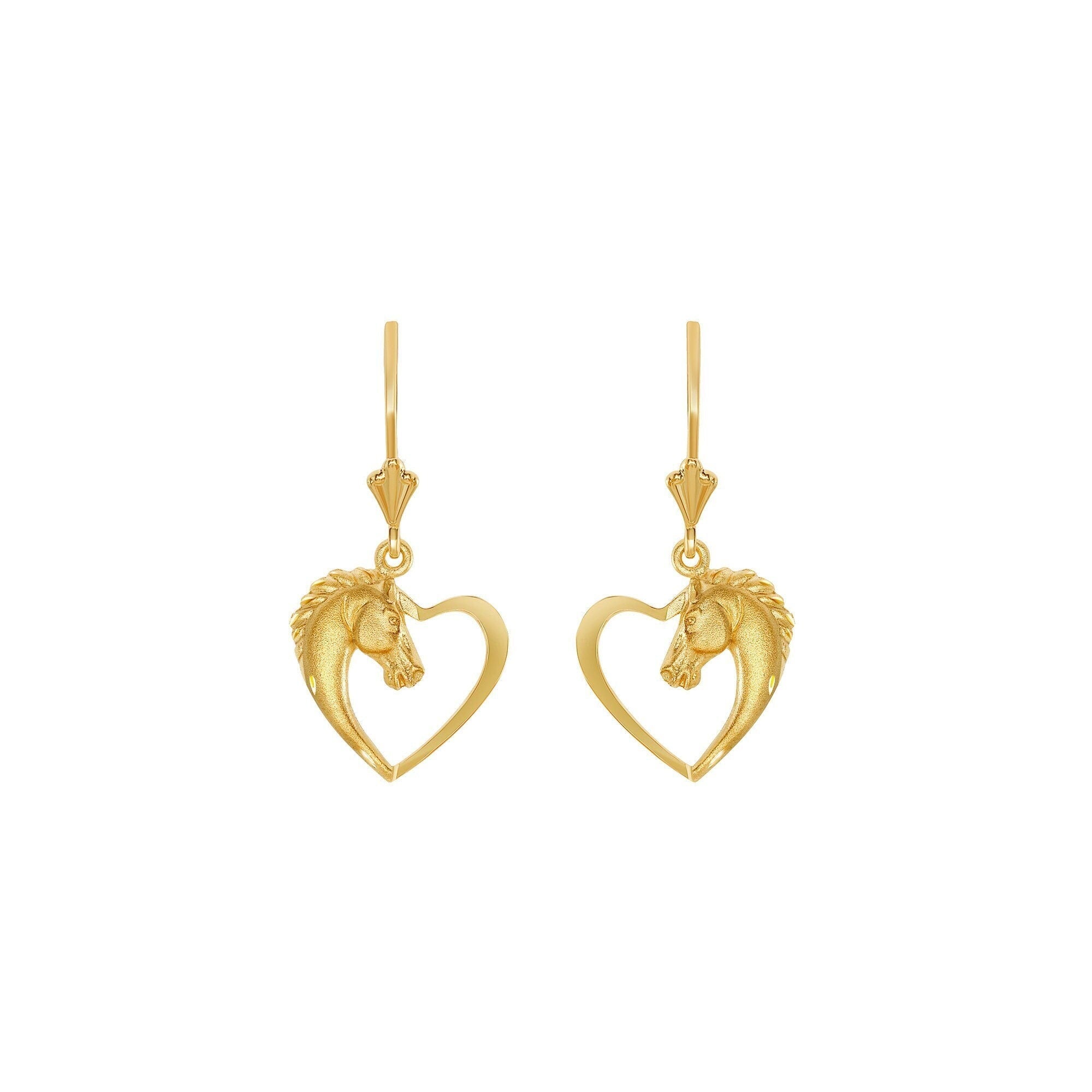 14k solid gold horse in heart on fleur de lis lever earrings