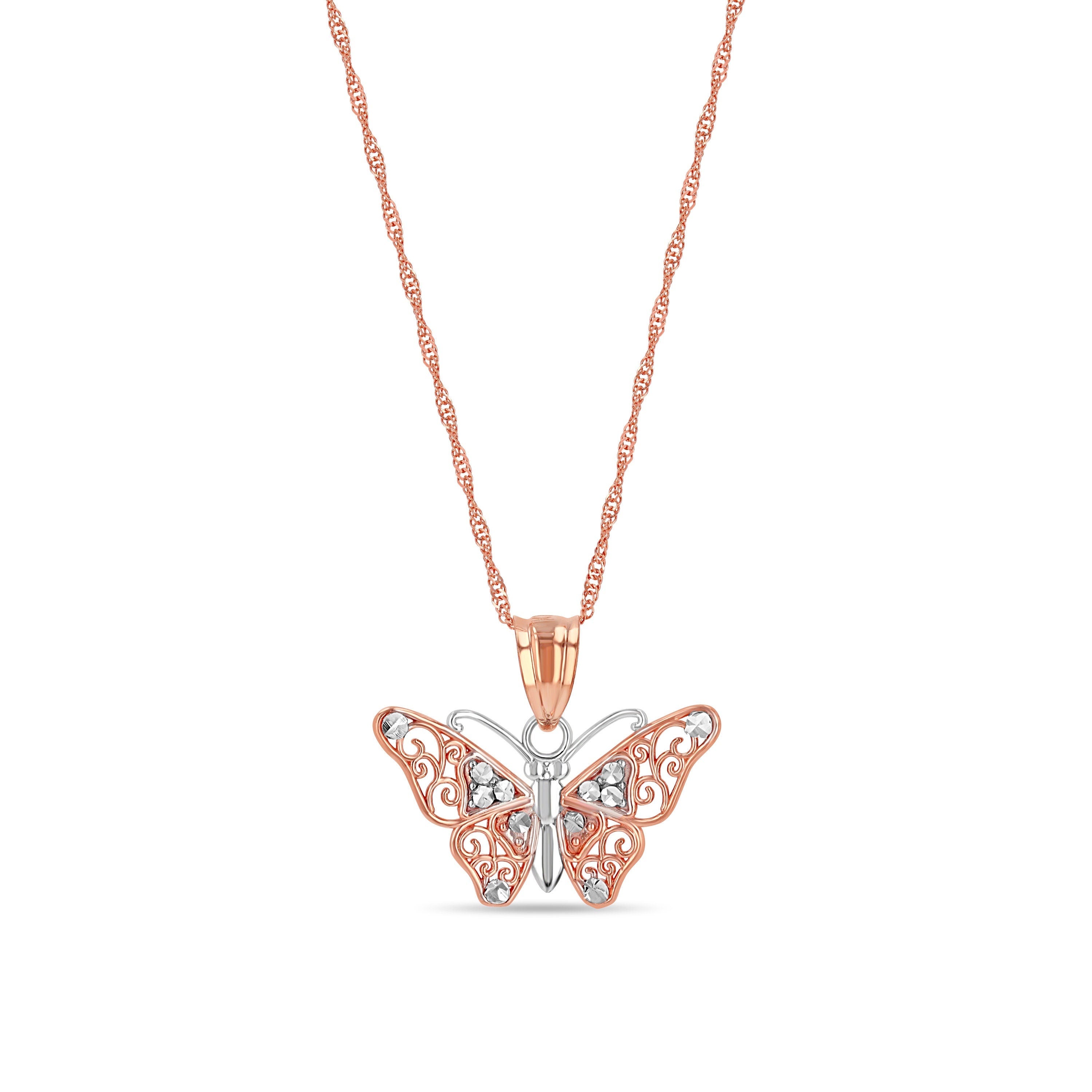 14k solid gold two tone butterfly pendant on 18" solid 14k Rose gold chain