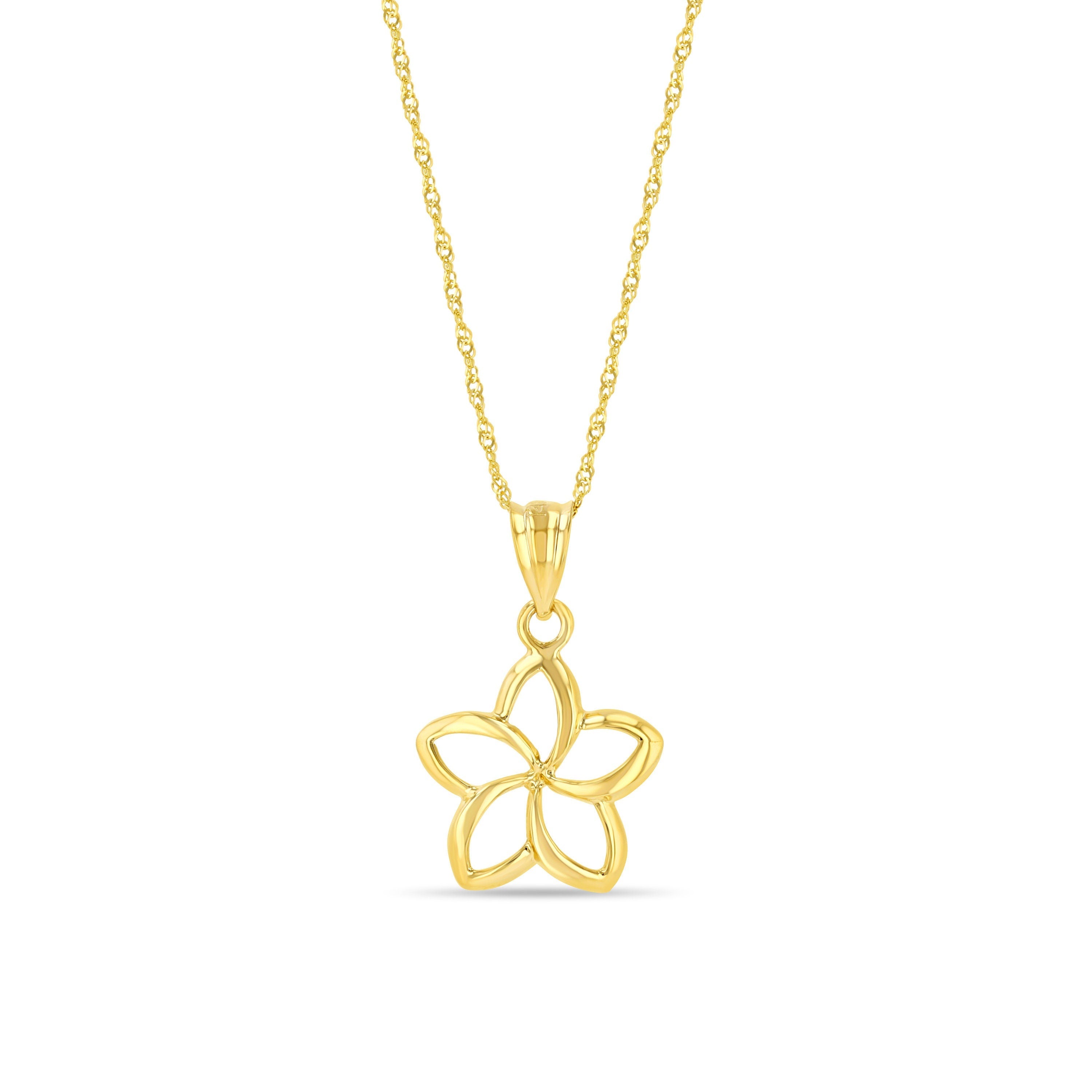 14k solid gold cutout plumeria flower pendant on 18" solid gold chain