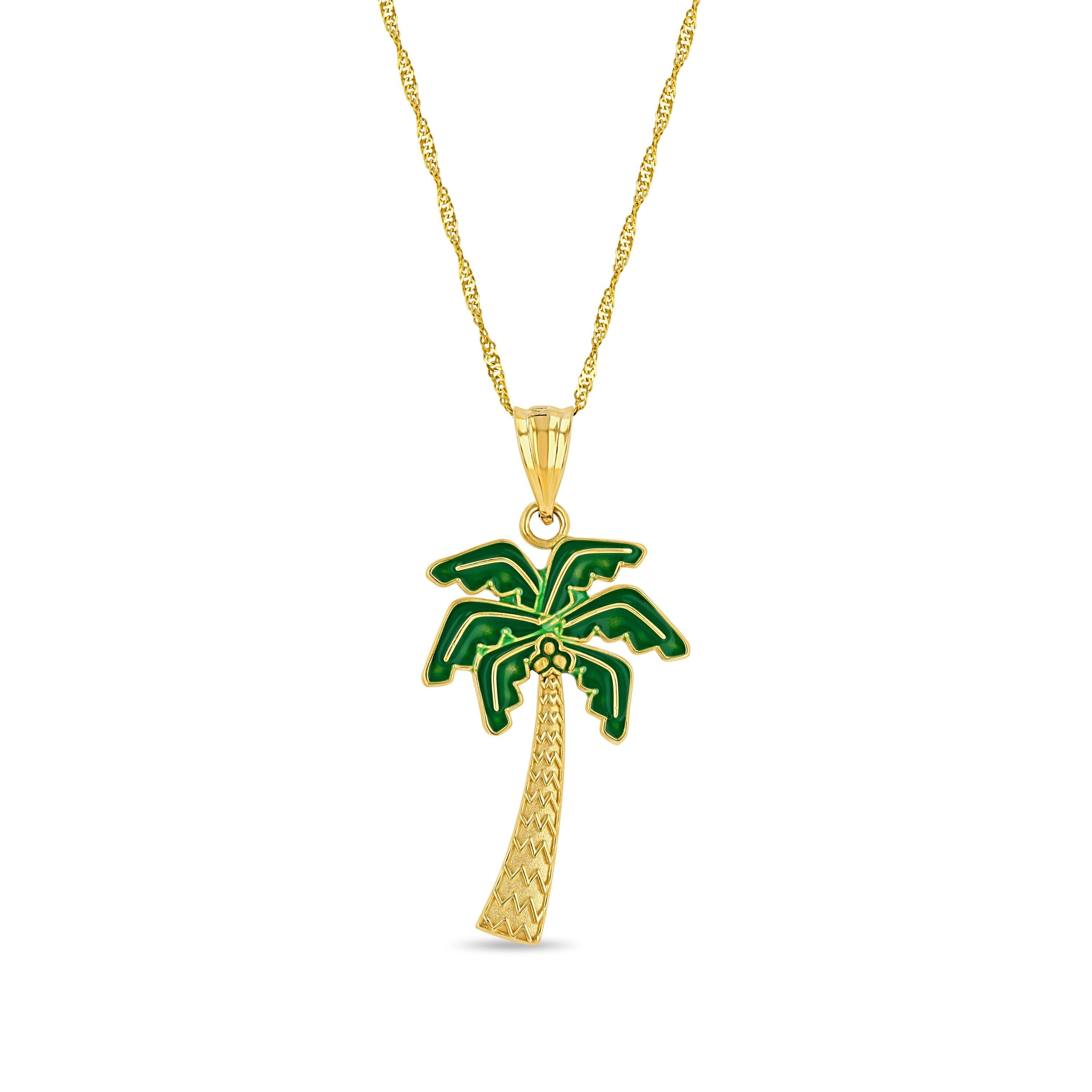 14k solid gold Palm tree pendant with green enamel on 18" solid gold chain