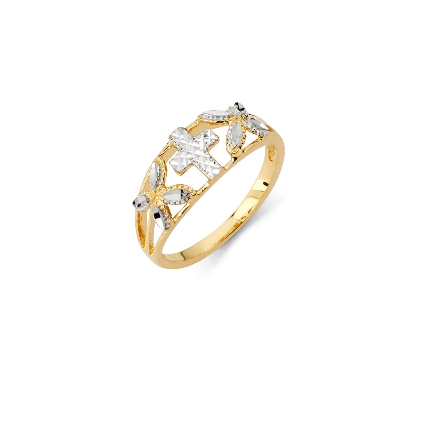 14k Two-Tone Solid 14K White/Yellow Cross Ring