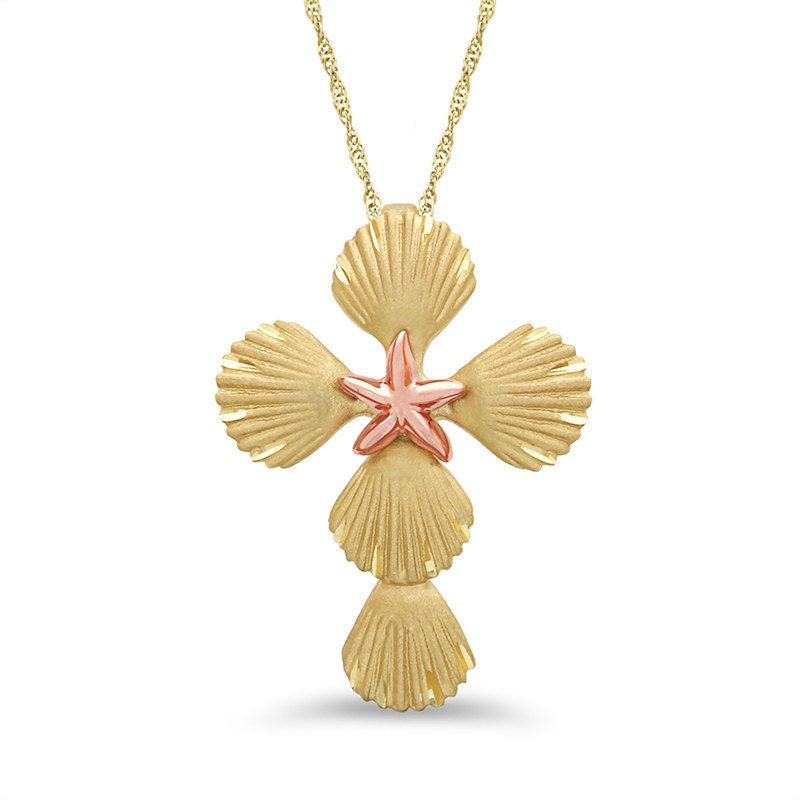14k solid gold two tone shell and starfish cross