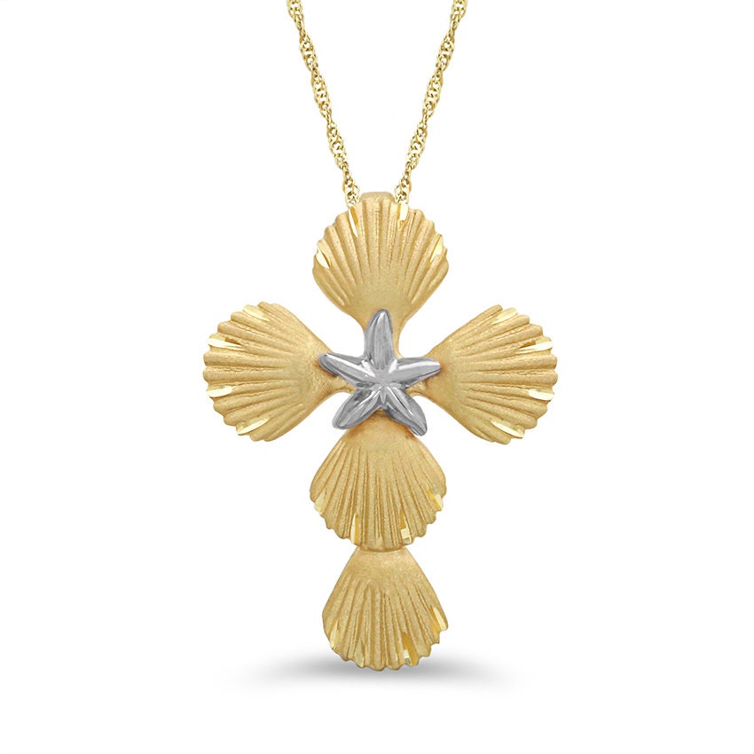 14k solid gold two tone shell and starfish cross